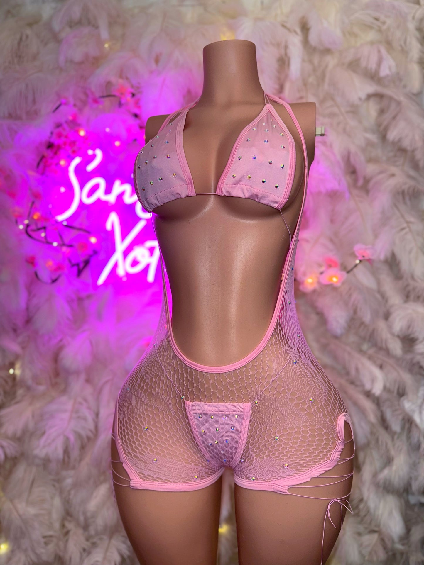Plain Jane — 3 Piece Bikini and Lightly Stoned Hammock Fishnet Overalls Set Fits XS-L