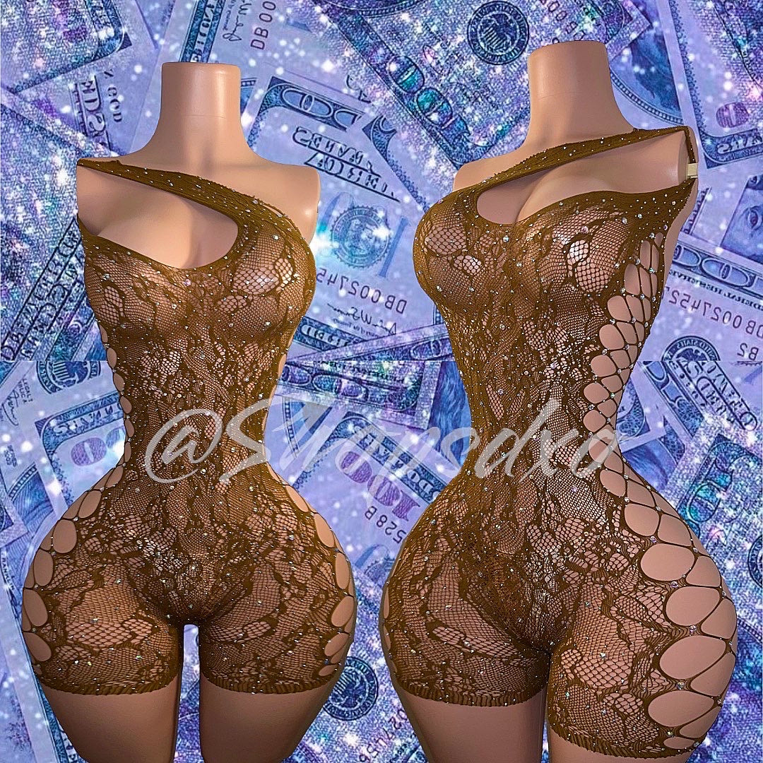 Milkshake Bedazzled Fishnet Romper Fits XS-XL