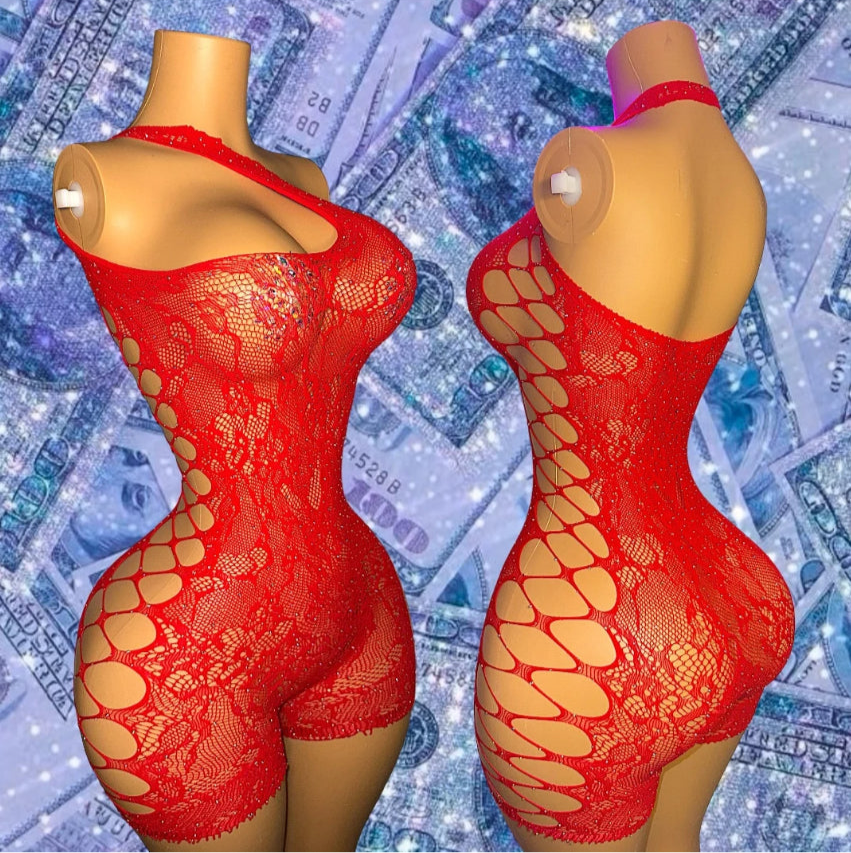 Milkshake Bedazzled Fishnet Romper Fits XS-XL