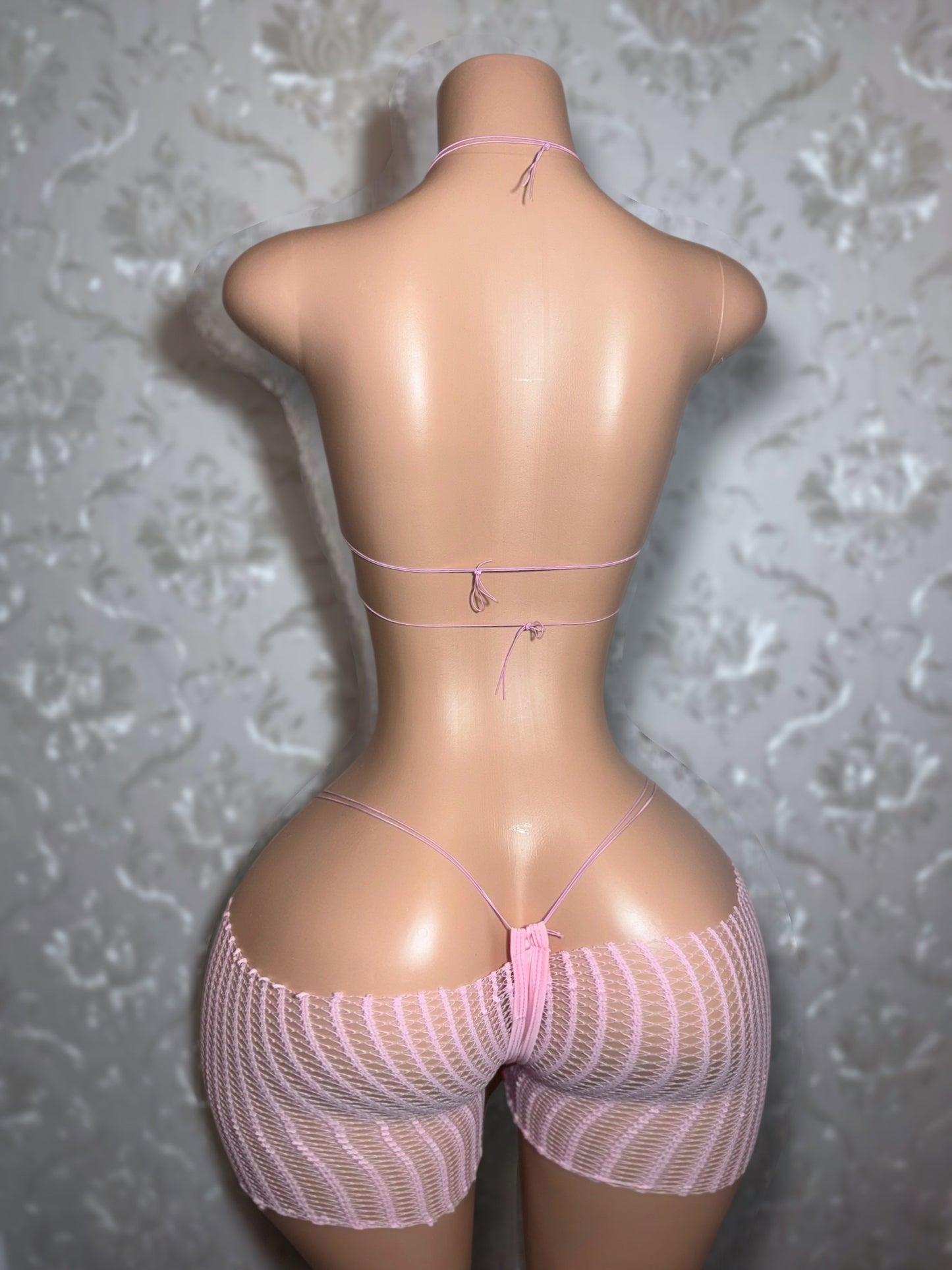 Jayda Rhinestone 3 Piece Bikini Set Cutoff Fishnets