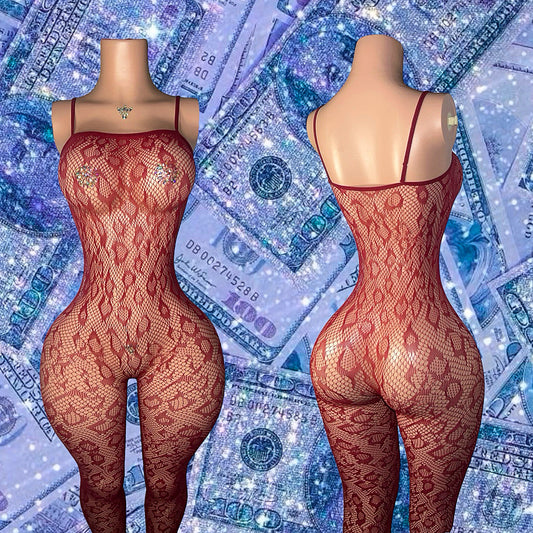Yasmine Fishnet Bodystocking In Wine Fits XS-L