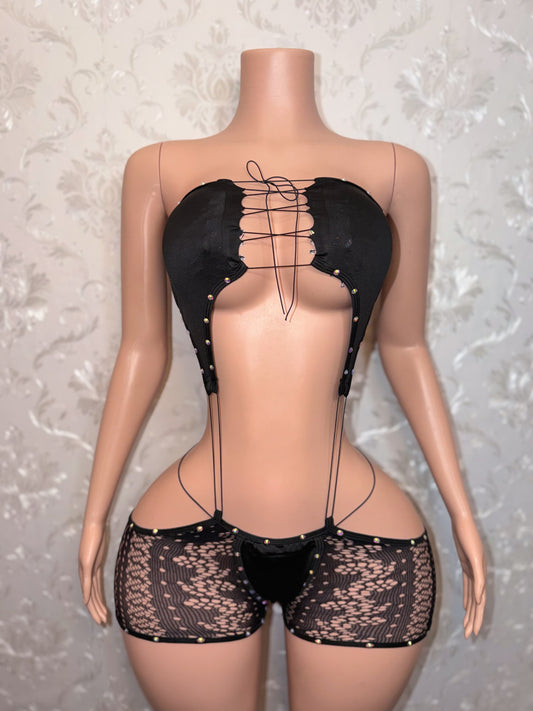 I Got Motion Ultra Low Rise Fishnet Romper 2 Piece Set Fits S-M
