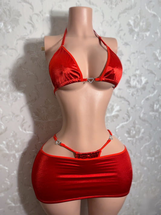 Round of Applause Red Silk 3 Pc Skirt Set with Heart Charms