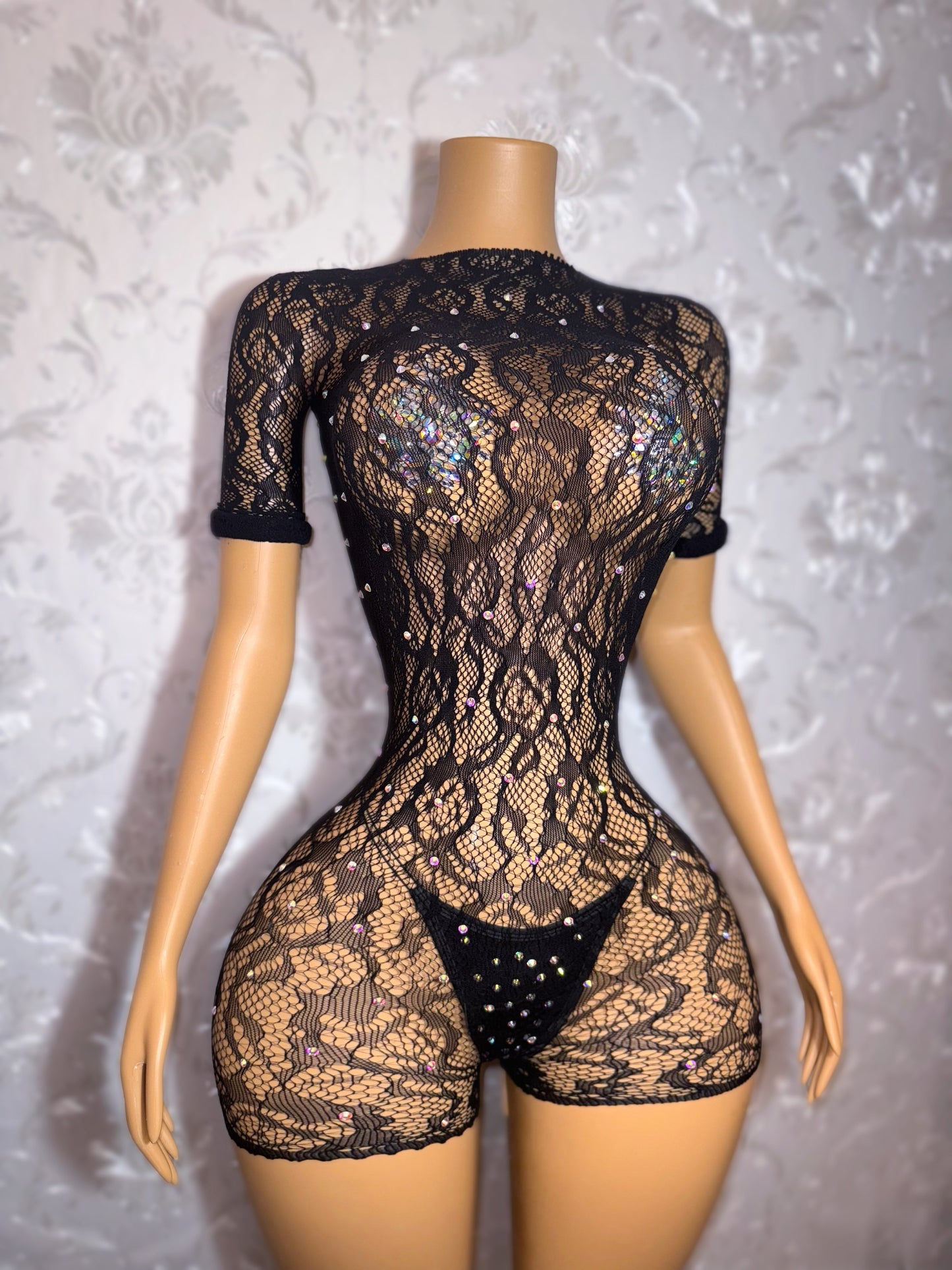 Suriyah — Rolled Sleeve Rhinestone Backless Fishnet Romper Fits XS-M