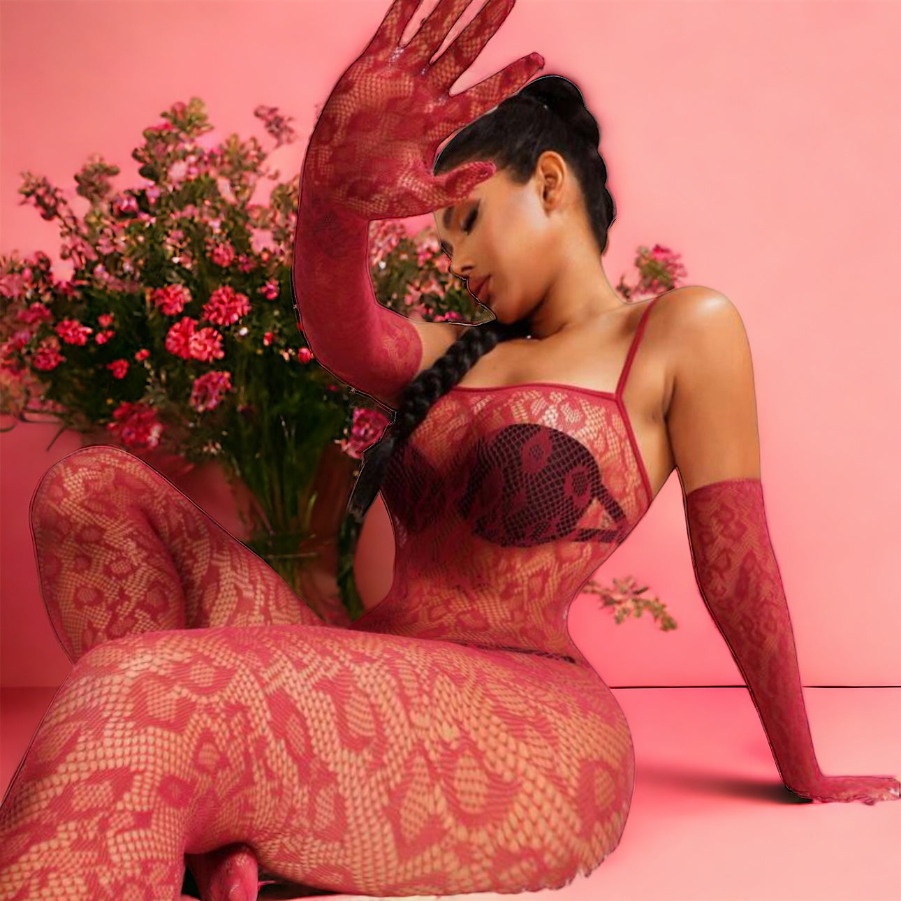 Yasmine Fishnet Bodystocking In Wine Fits XS-L