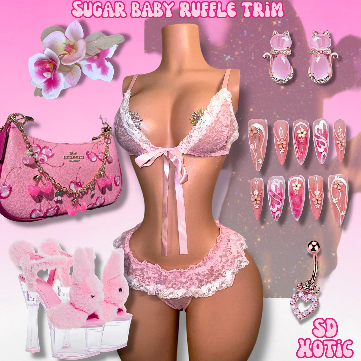 Sugar Baby Ruffle Trim 2 Piece Lace Bikini with Micro Skirt Thong