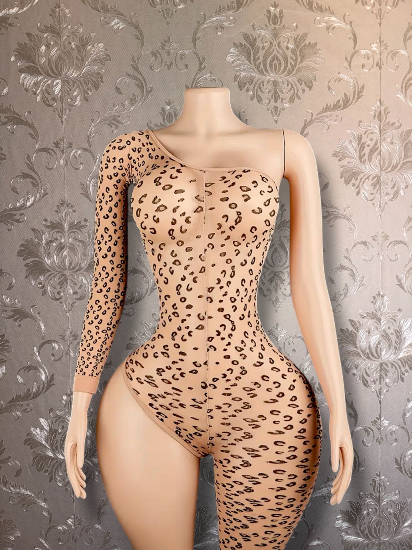 Leopard Asymmetrical Bodystocking Nude Mesh