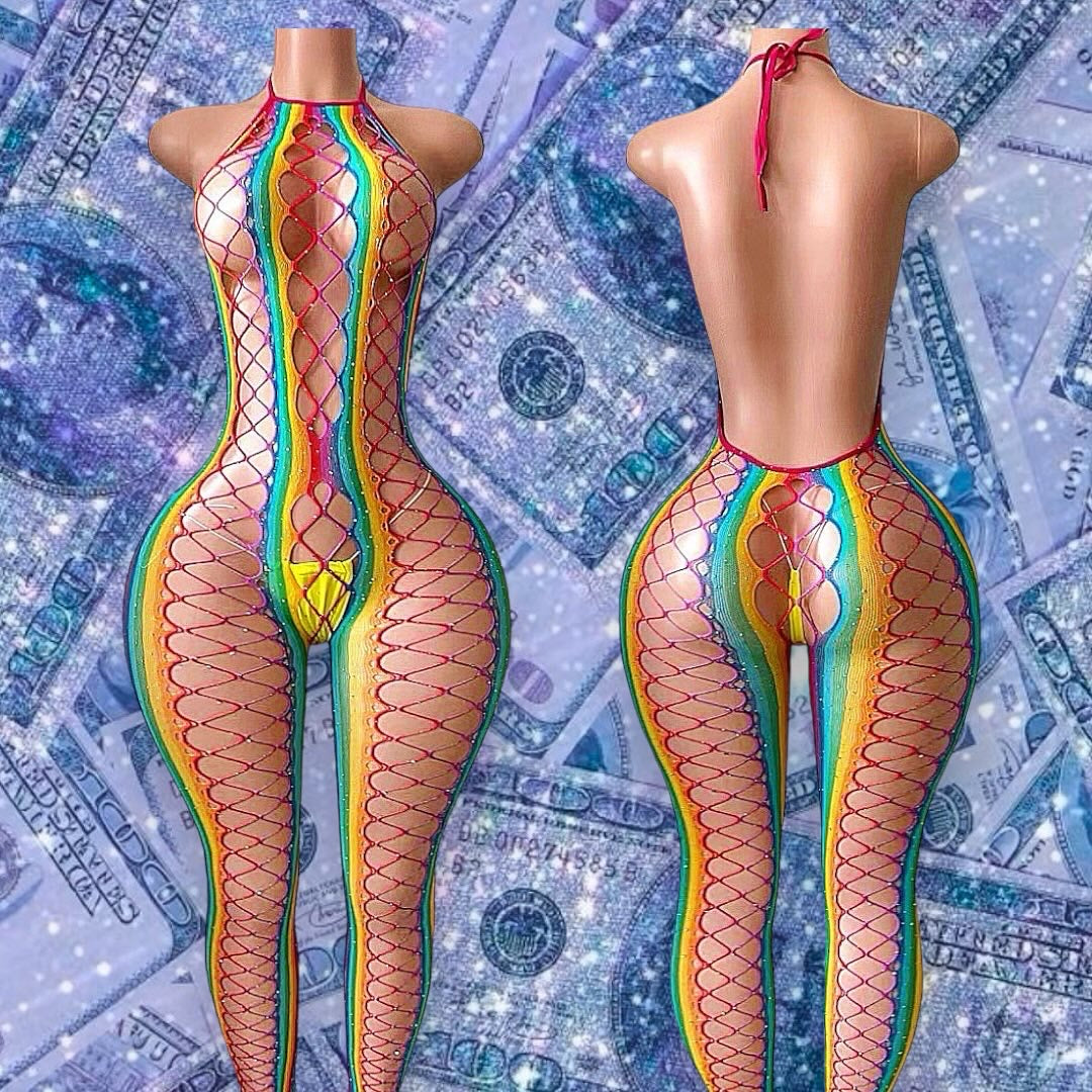 Giana Halter Fishnet Bodystocking with Rhinestones Fits XS-L