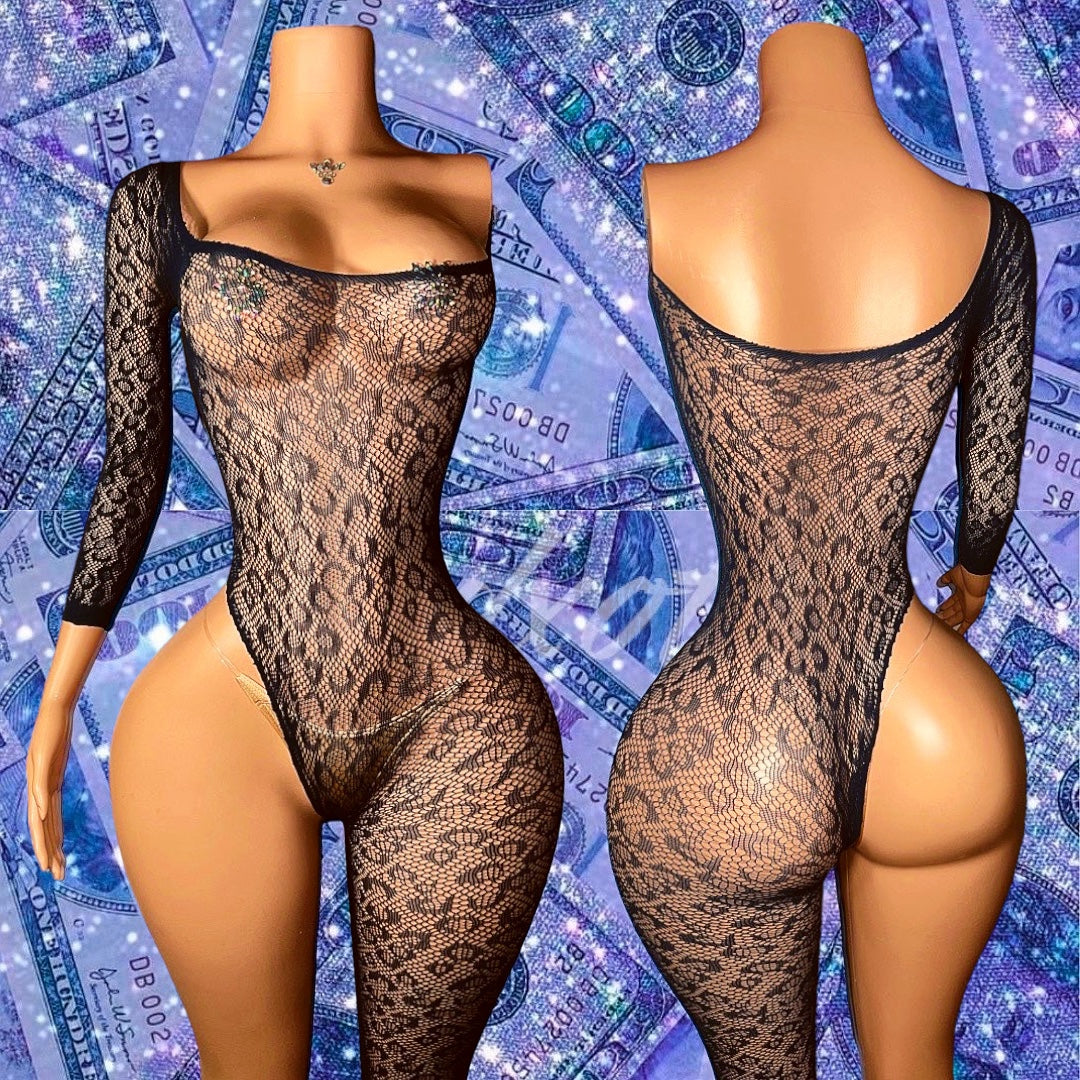 Bernice Cheetah Off Shoulder Fishnet Jumpsuit Fits XS-XL