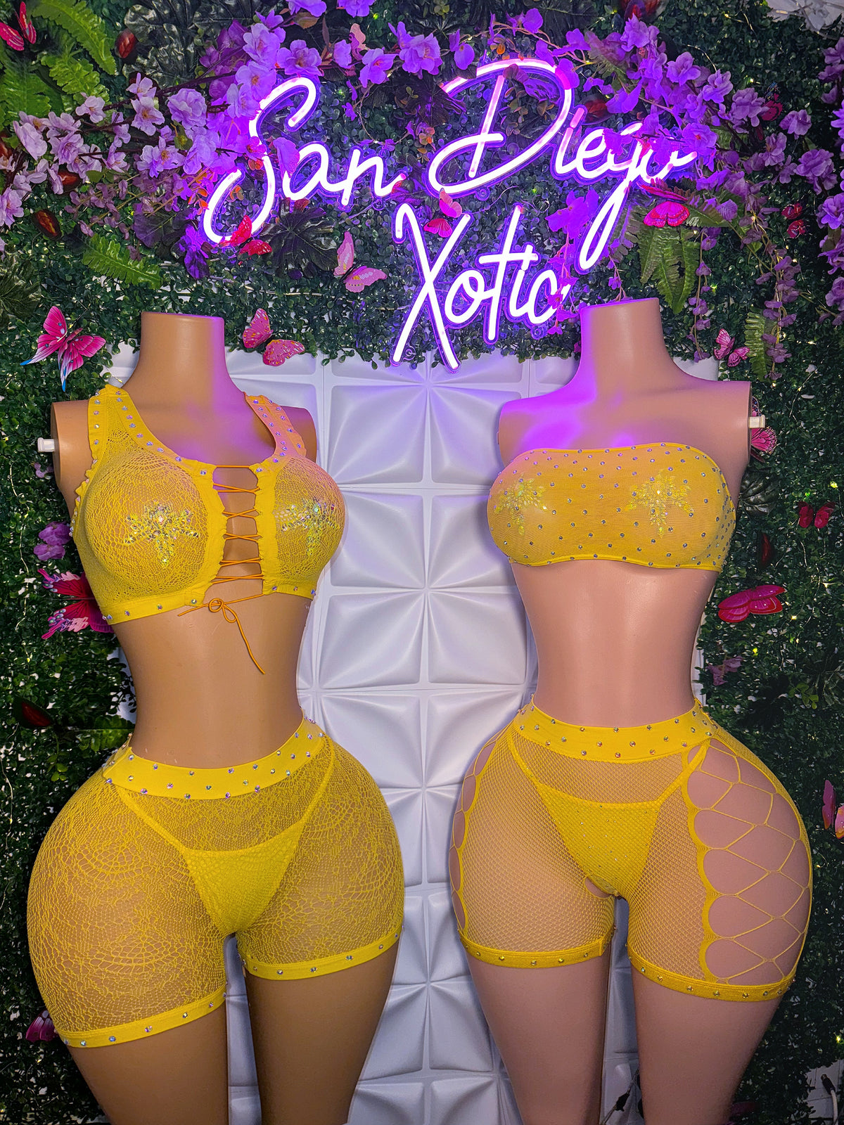 Majesty Rhinestone Crotchless Fishnet Shorts Set Fits XS-L