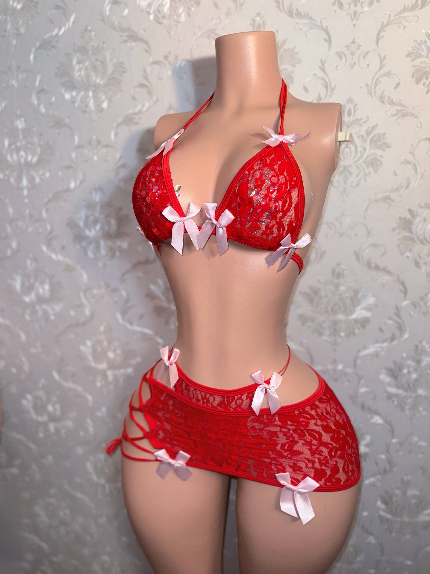 Cherry — Red 3 Piece Lace Skirt Set with Baby Pink Bows Fits XS-M