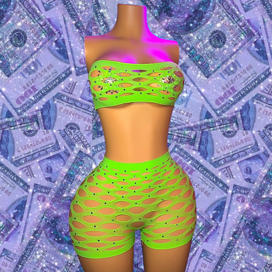 My Type — Rhinestone Fishnet Shorts Set Fits XS-L