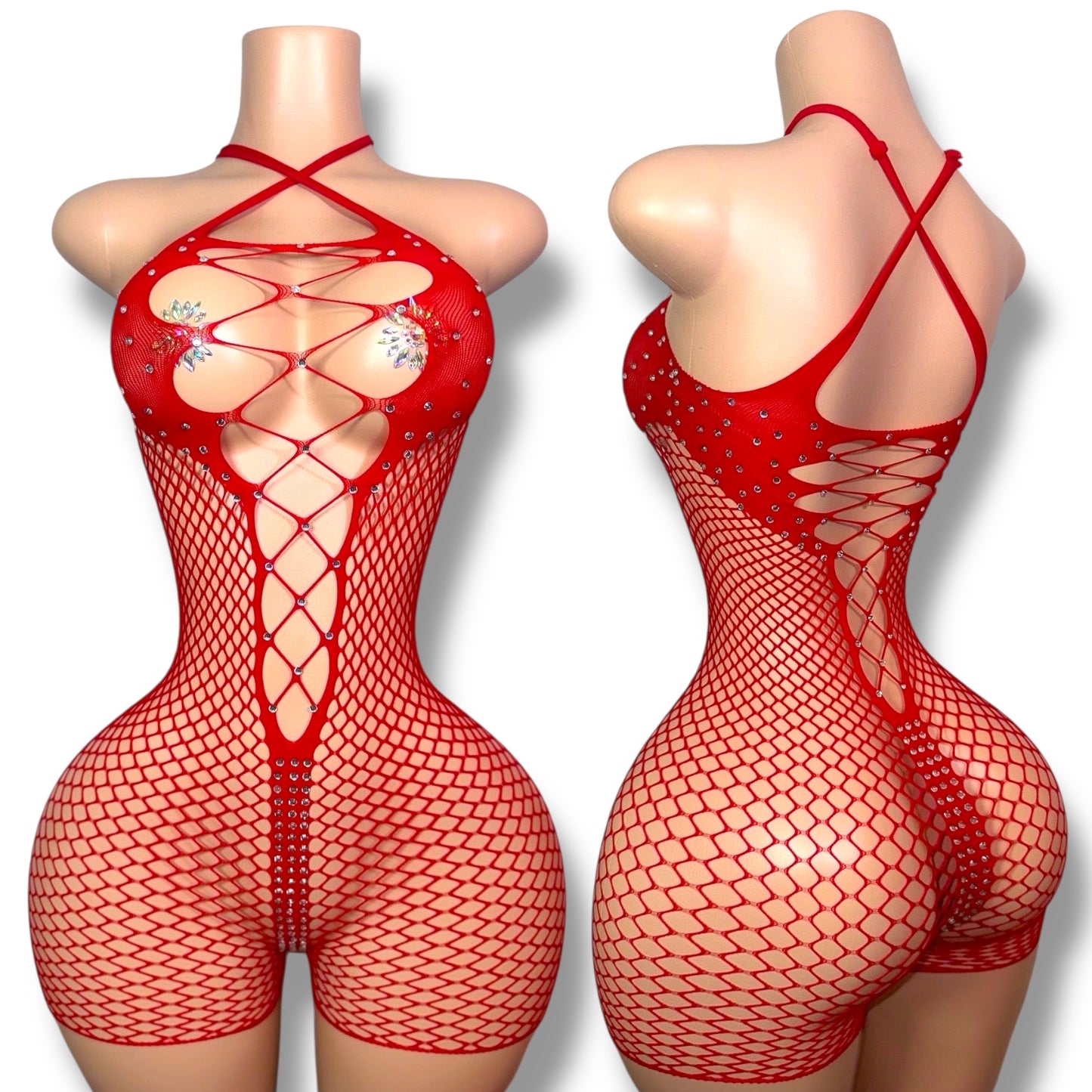 Divine Rhinestone Fishnet Romper Fits XS-L