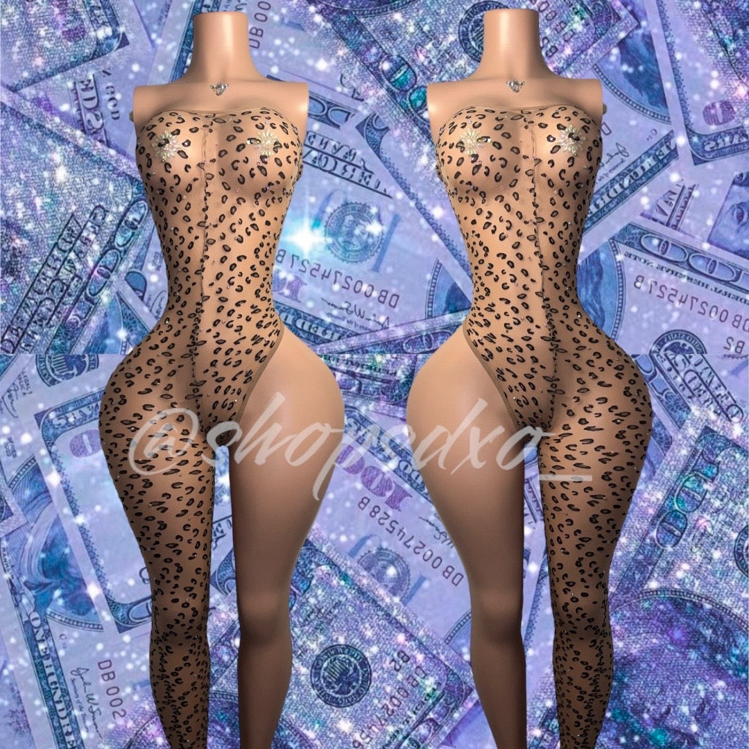 Leopard Asymmetrical Bodystocking Nude Mesh