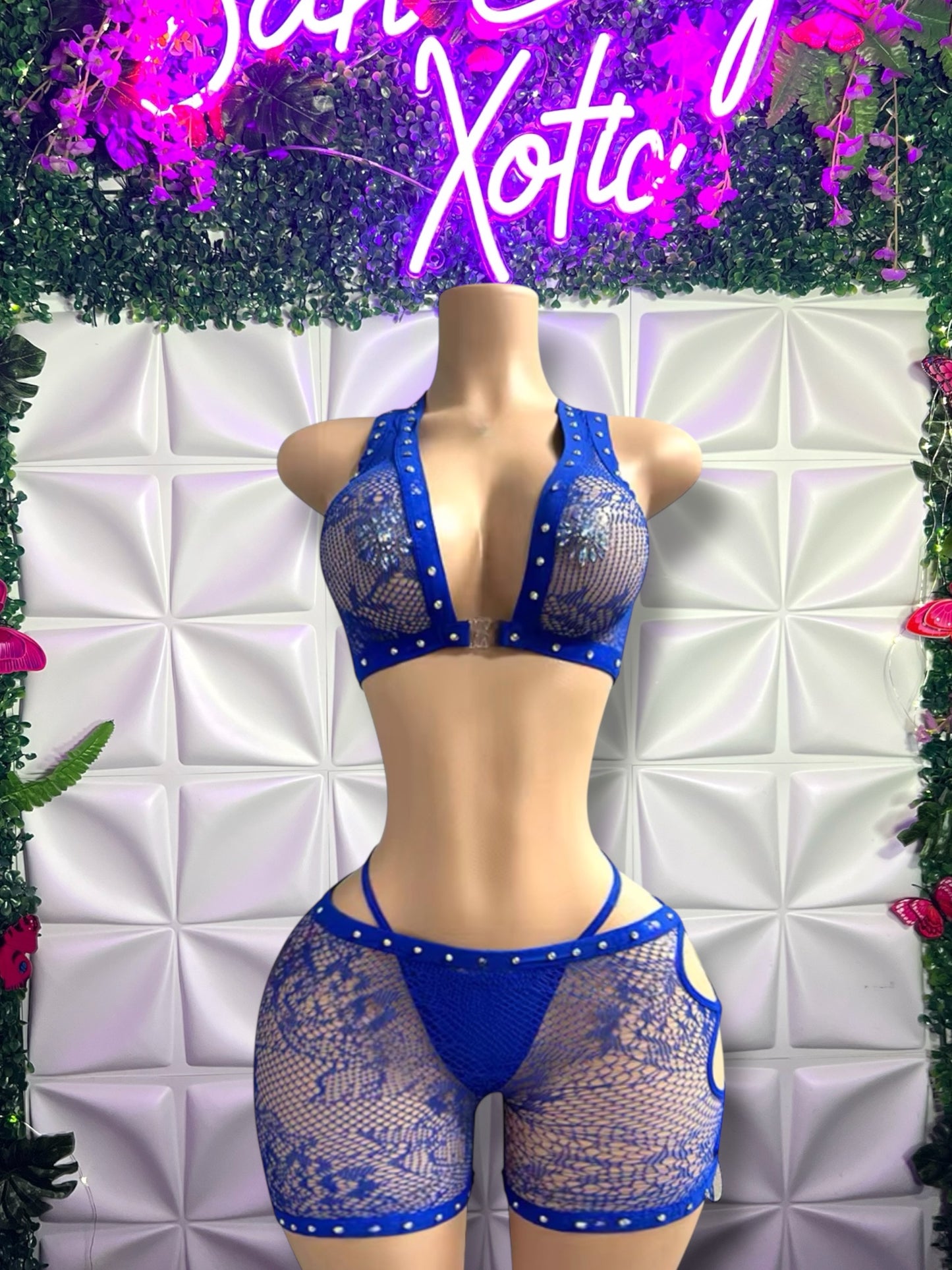 Ms. Daisy — 3 Piece Lace Shorts Set and Thong with Rhinestones Fits S-XL