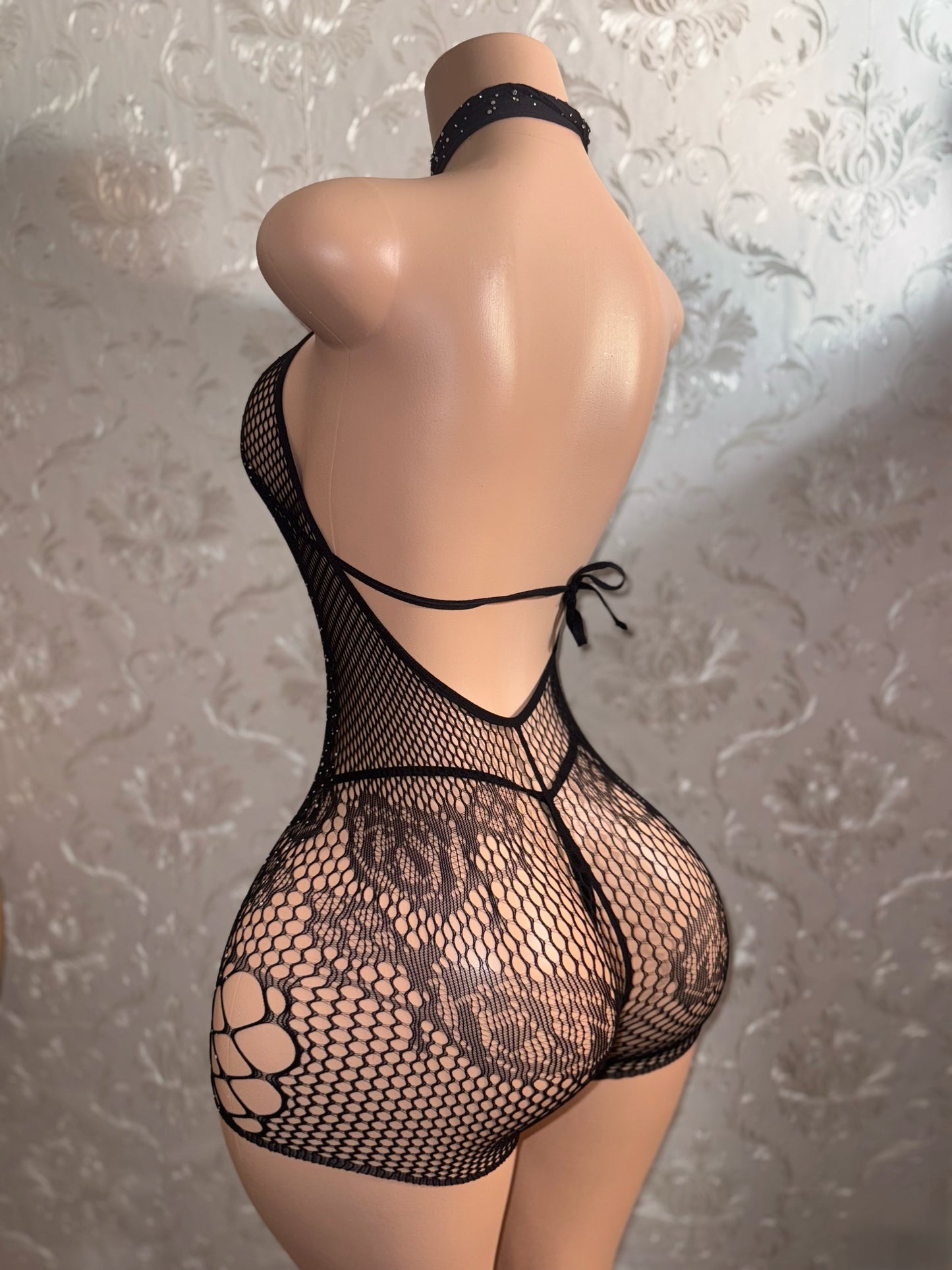 Mean Girl — Rhinestone 3 Piece Fishnet Romper Bikini Set