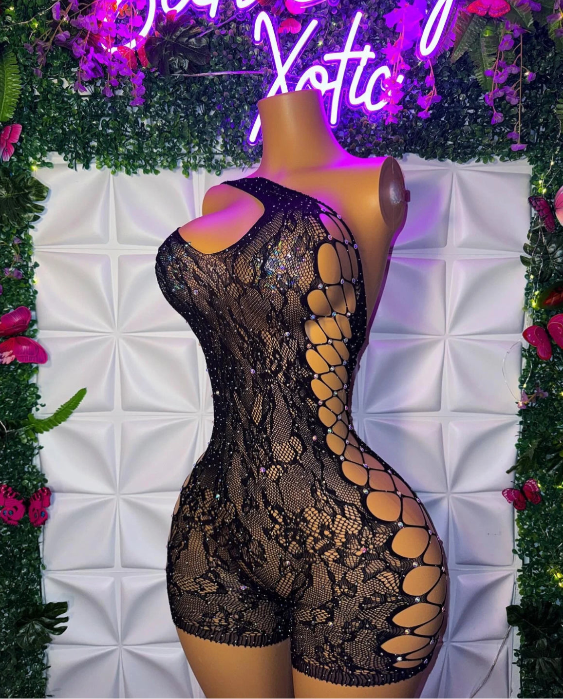 Milkshake Bedazzled Fishnet Romper Fits XS-XL