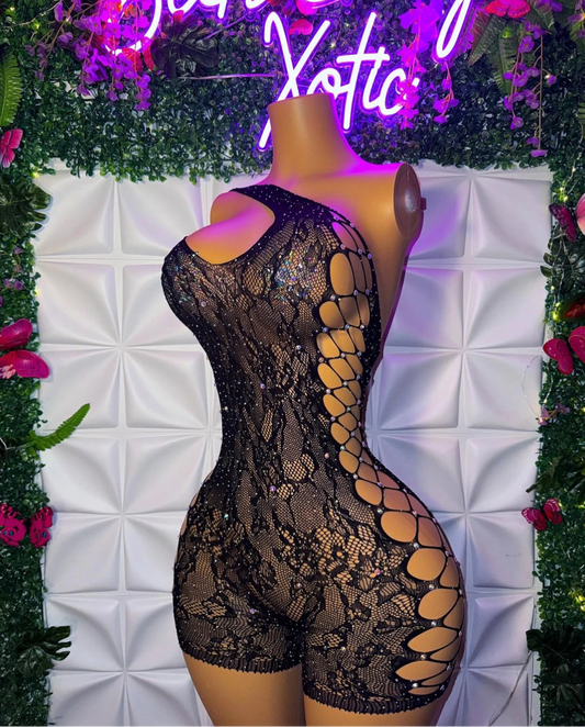 Milkshake Bedazzled Fishnet Romper Fits XS-XL