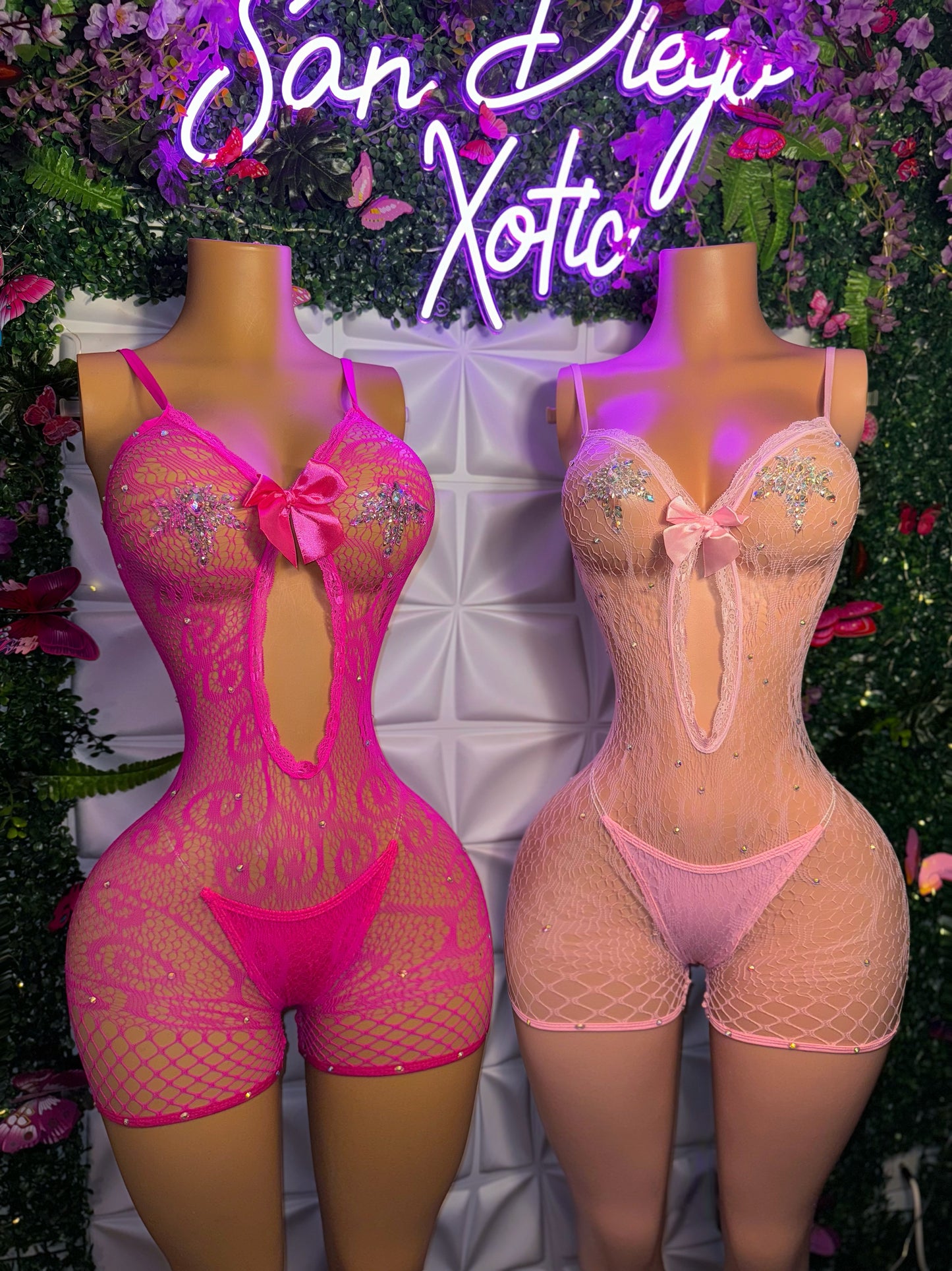 Babydoll Diamond Lace Fishnet Romper with Rhinestones Fits XS-L