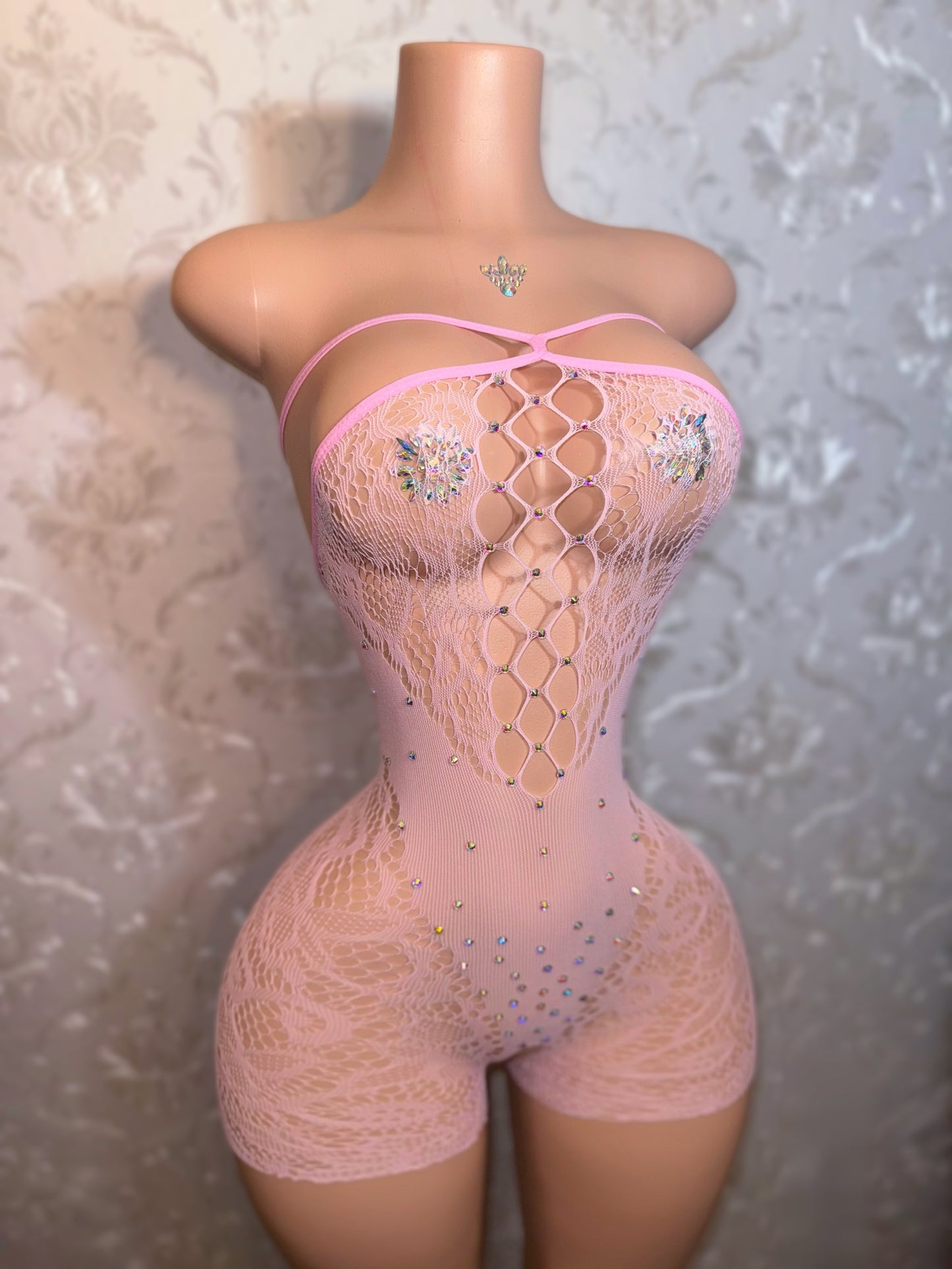 Glo Girl — Crotchless Fishnet Romper with Ombre Rhinestone Finish Fits XS-M