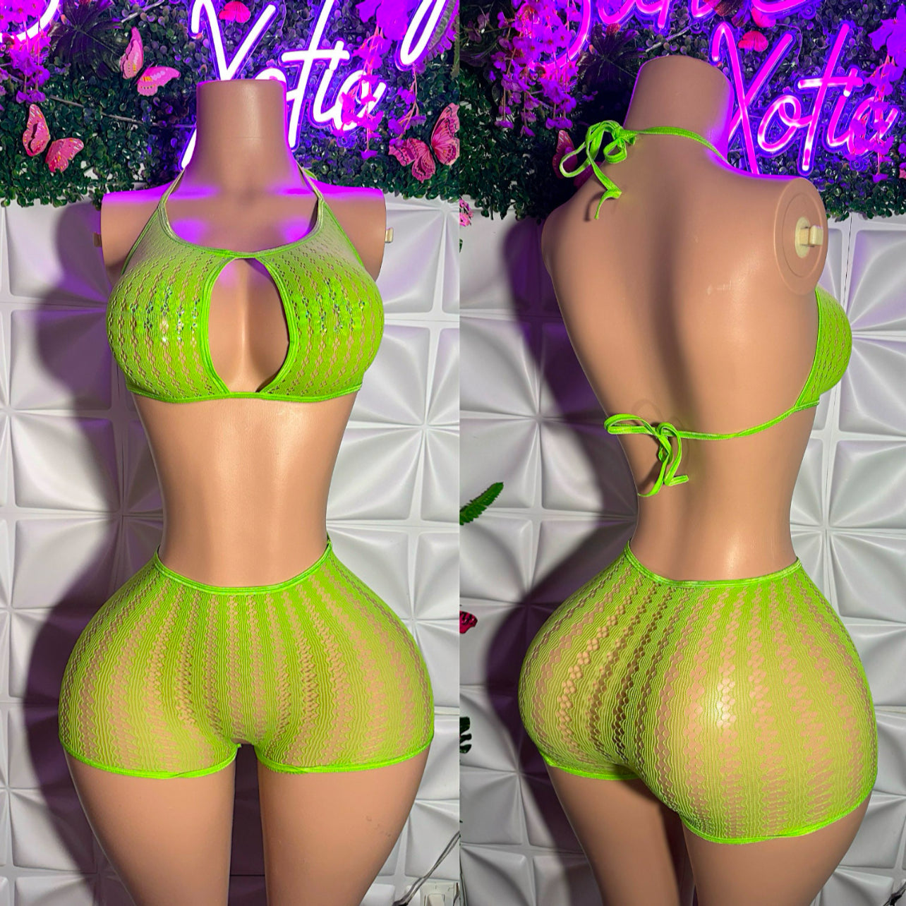 Summer — Neon Green Fishnet Floral Lace Crotchless Shorts Set Fits XS-L