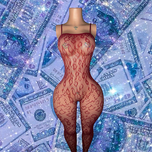 Yasmine Fishnet Bodystocking In Wine Fits XS-L