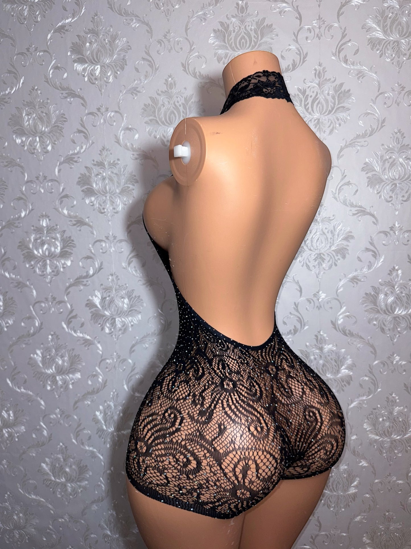 Halle — Halter Lace Fishnet Rhinestone Romper Extra Stretchy Fit XS-XL