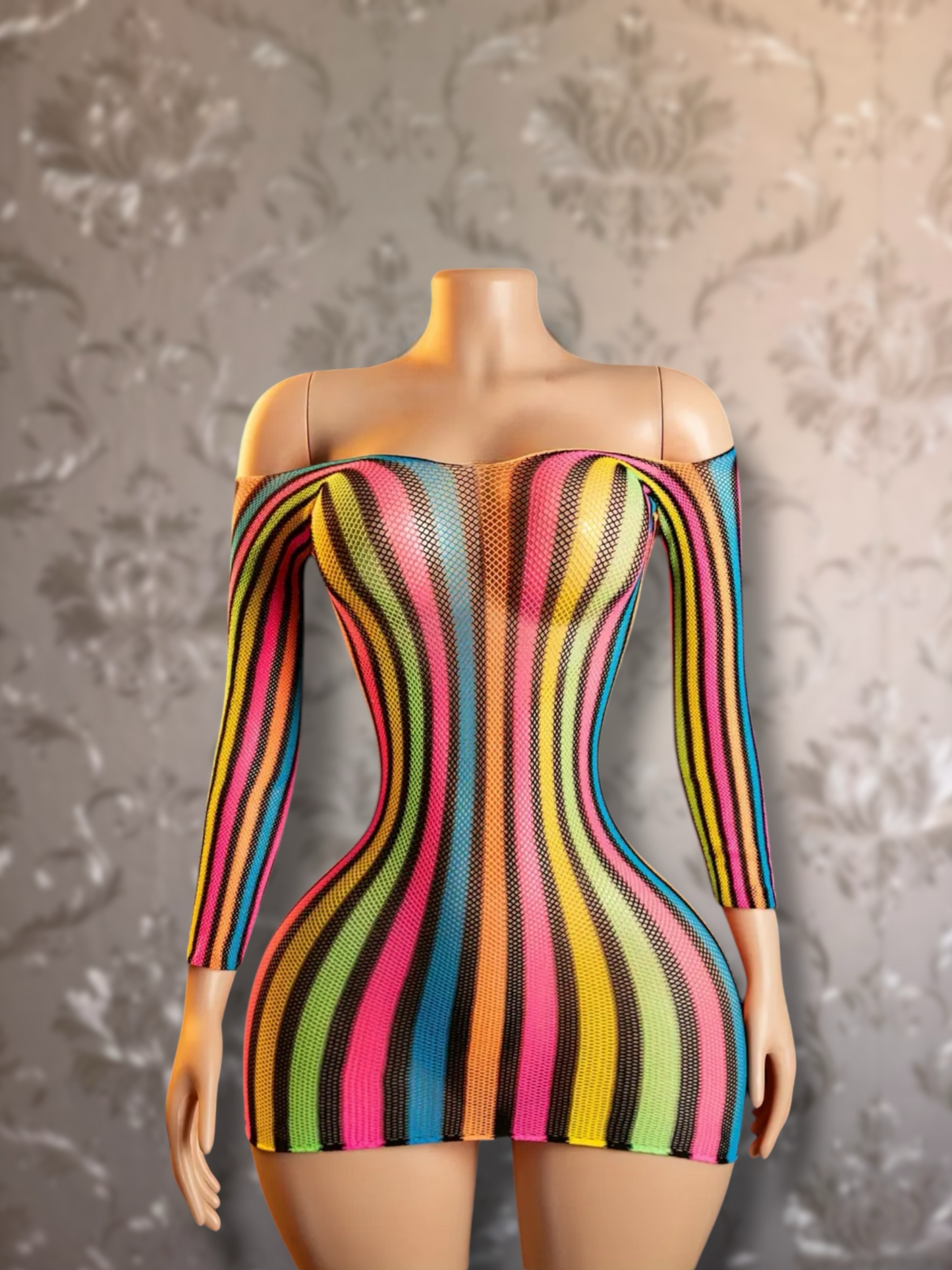Kaleidoscope — Multicolor Rainbow Fishnet Dress Fits All Sizes
