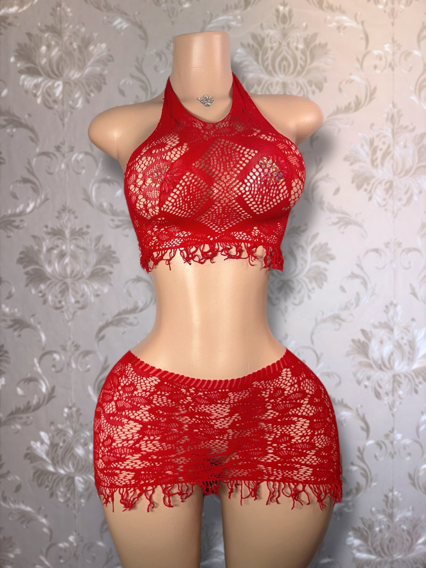 Amber Fringe Fishnet Skirt Set Fits XS-L