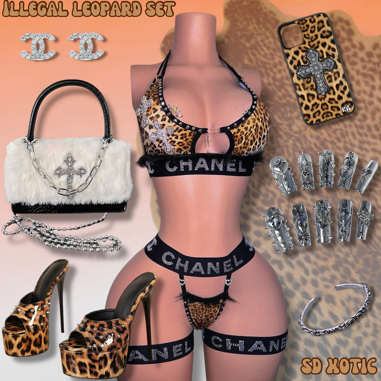 Illegal Leopard — 4 Piece Set with Fur and Thigh Garters