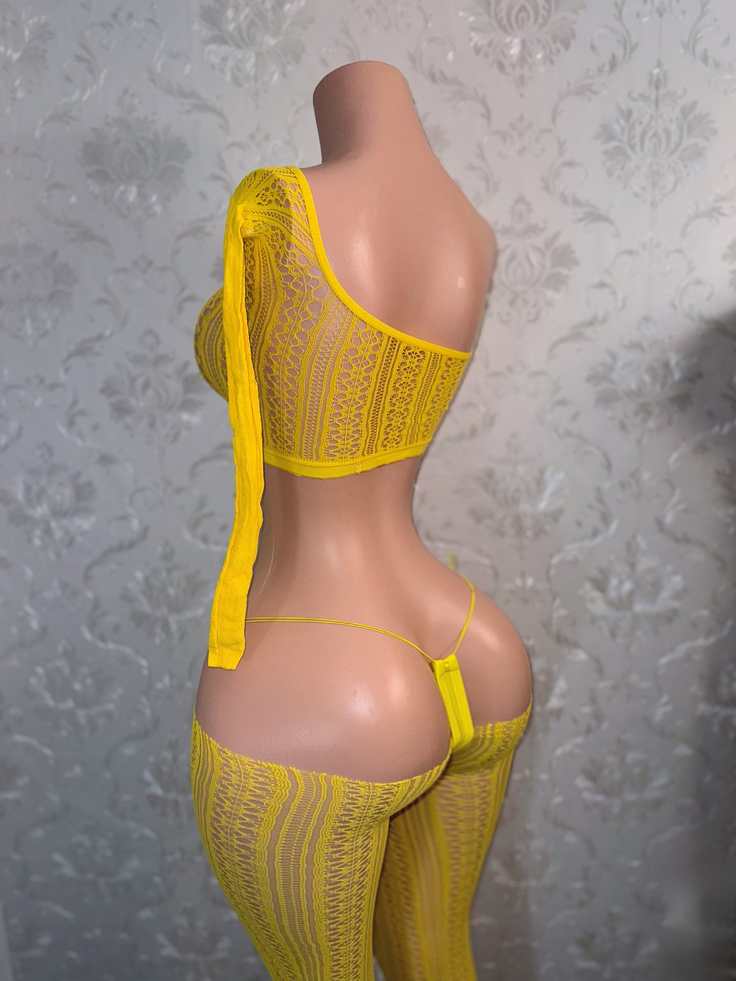 Leila Mandala Lace Fishnet Cut Off Pants Set Optional Thong Fits XS-L