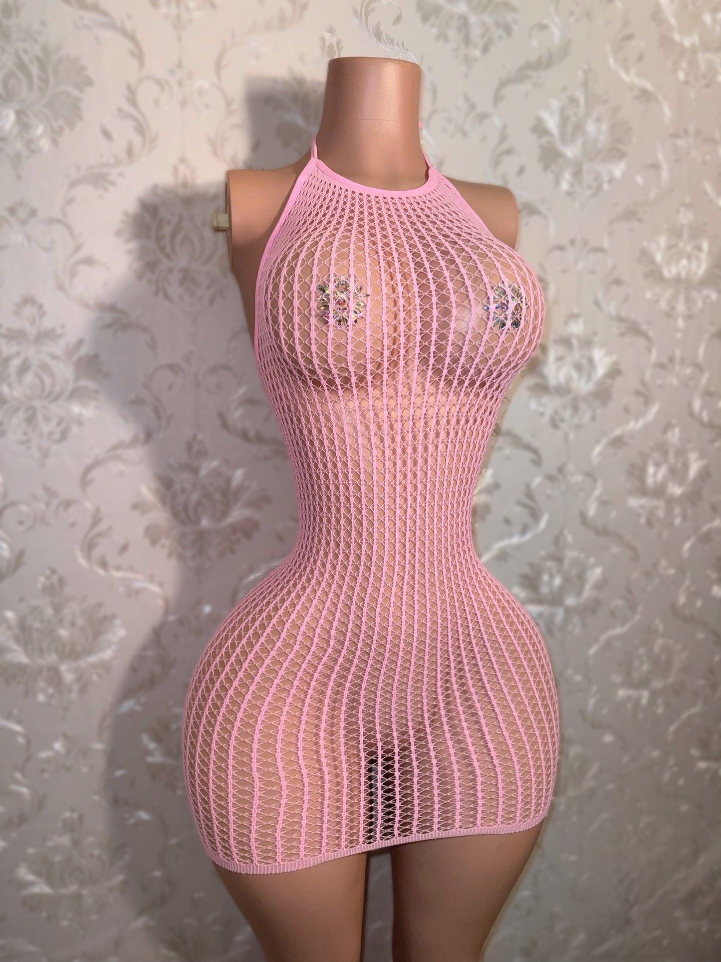 Serena Plain Halter Fishnet Dress & Romper Fits XS-XL