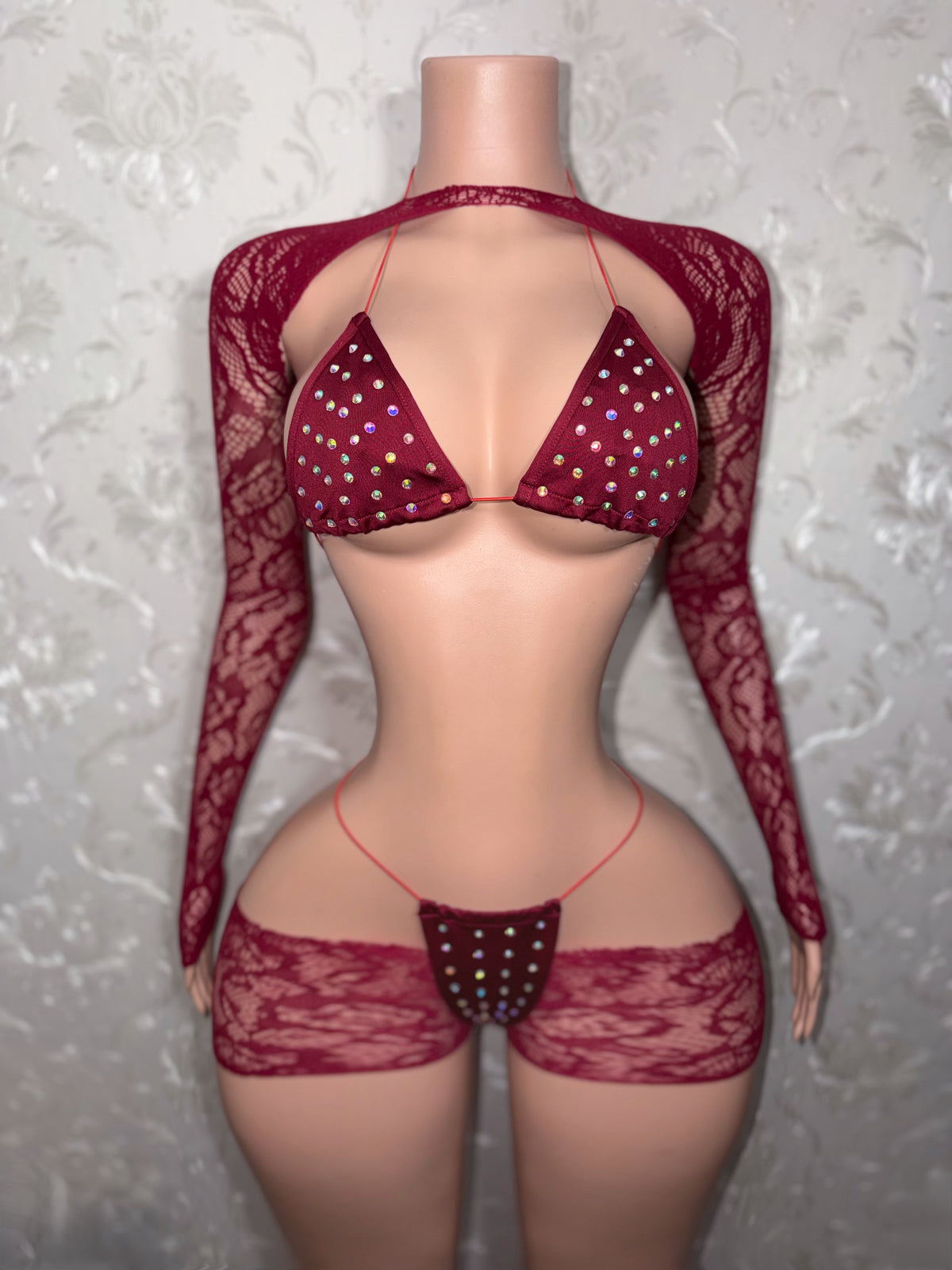 Suriyah Fishnet Cutoff Shorts Bikini and Shrug 4 Piece Set Fits XS-L