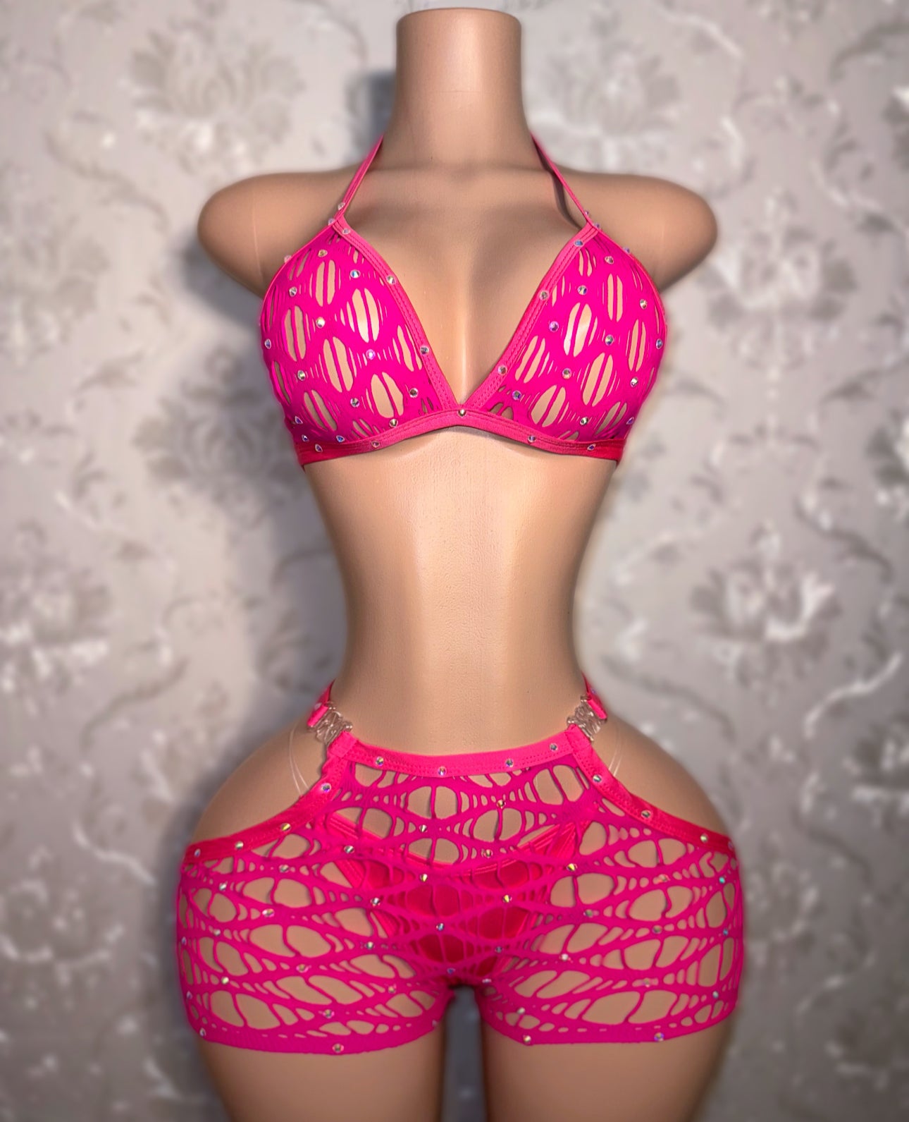 Desiree Rhinestone Fishnet Cut Out Hips Clasp Shorts Set
