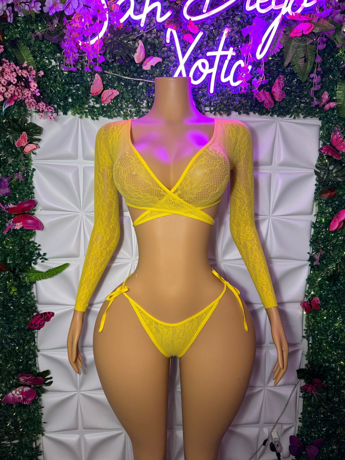 Venus Fishnet Criss Crossed Long Sleeve Top and Thong Fits XS-L