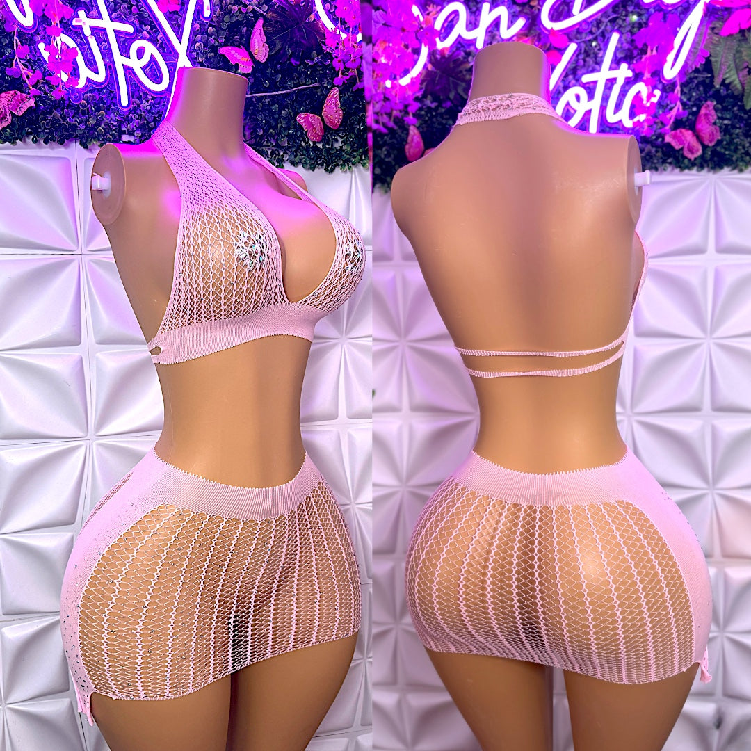 Kimmie — Glittery Fishnet Halter Top and Skirt Set Fits XS-M
