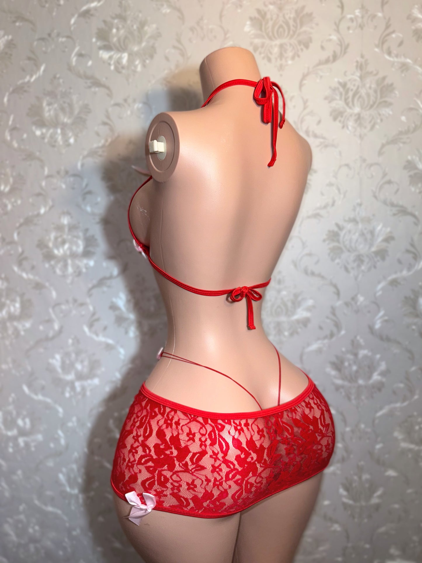 Cherry — Red 3 Piece Lace Skirt Set with Baby Pink Bows Fits XS-M