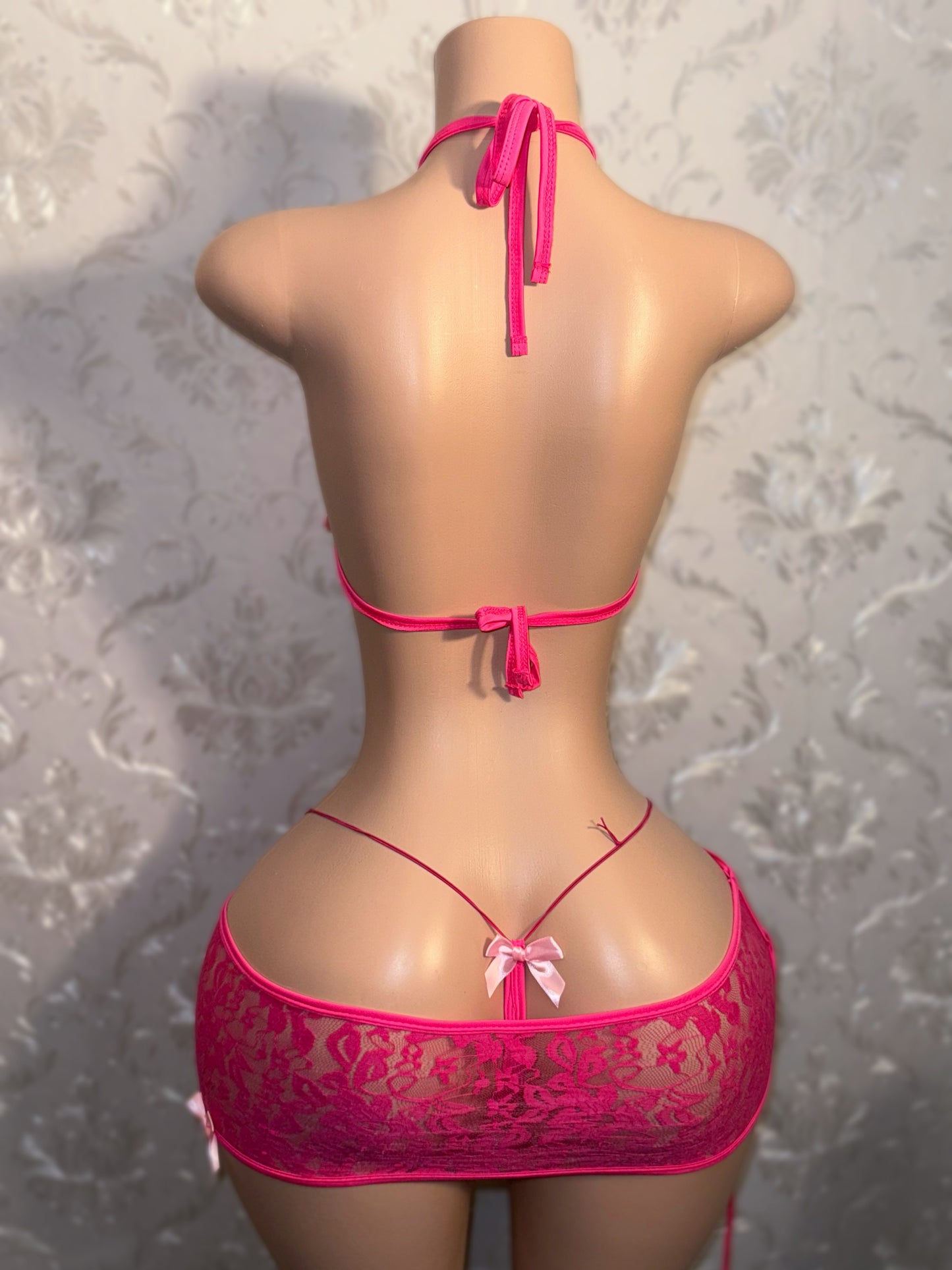 Passion Fruit — Hot Pink 3 Piece Lace Skirt Set with Baby Pink Bows Fits XS-M