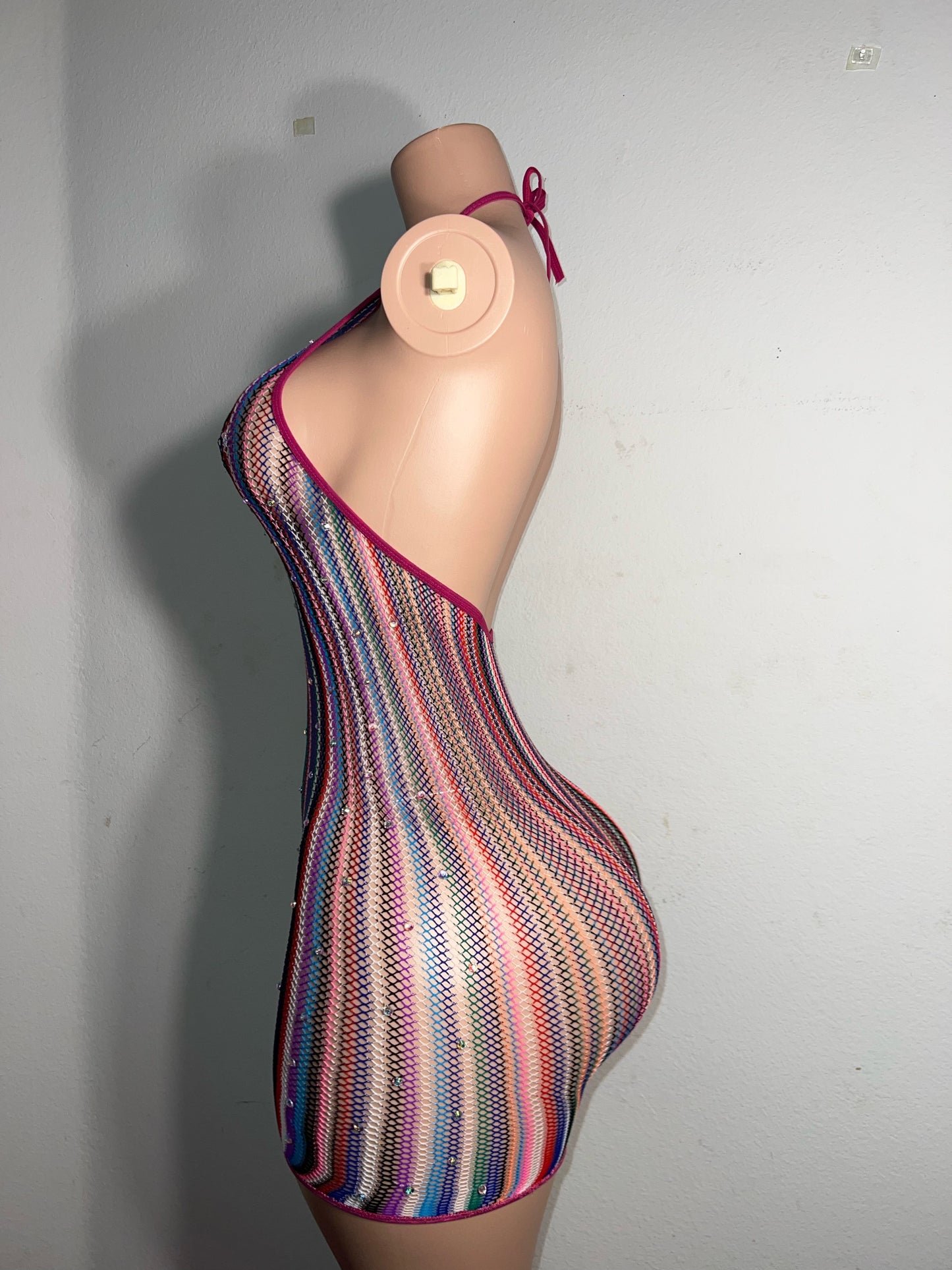 Onika Multicolor Fishnet Romper with Rhinestones