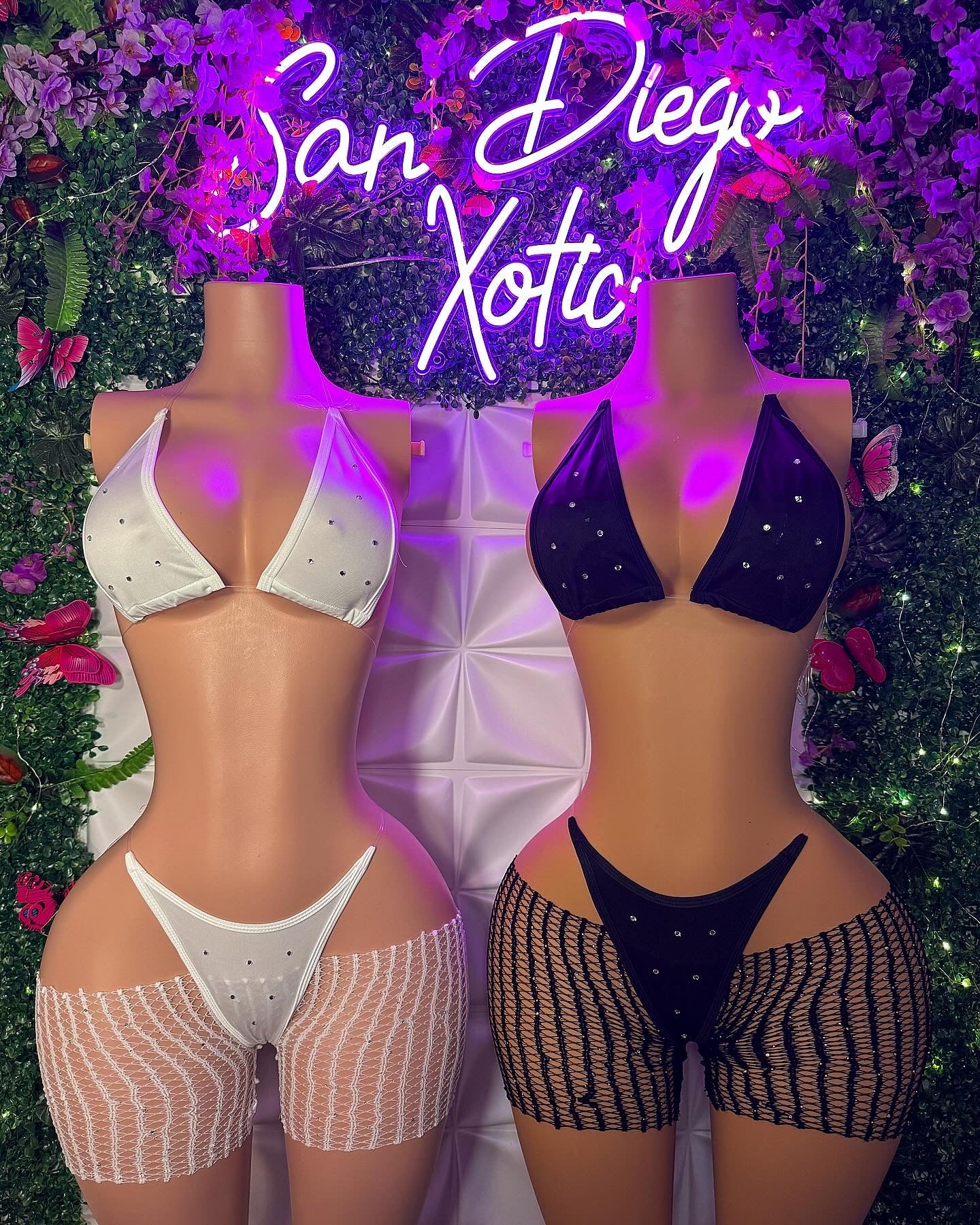 Chyna — 3 Piece Set Triangle Bikini with Clear Stones & Cut-Off Fishnets