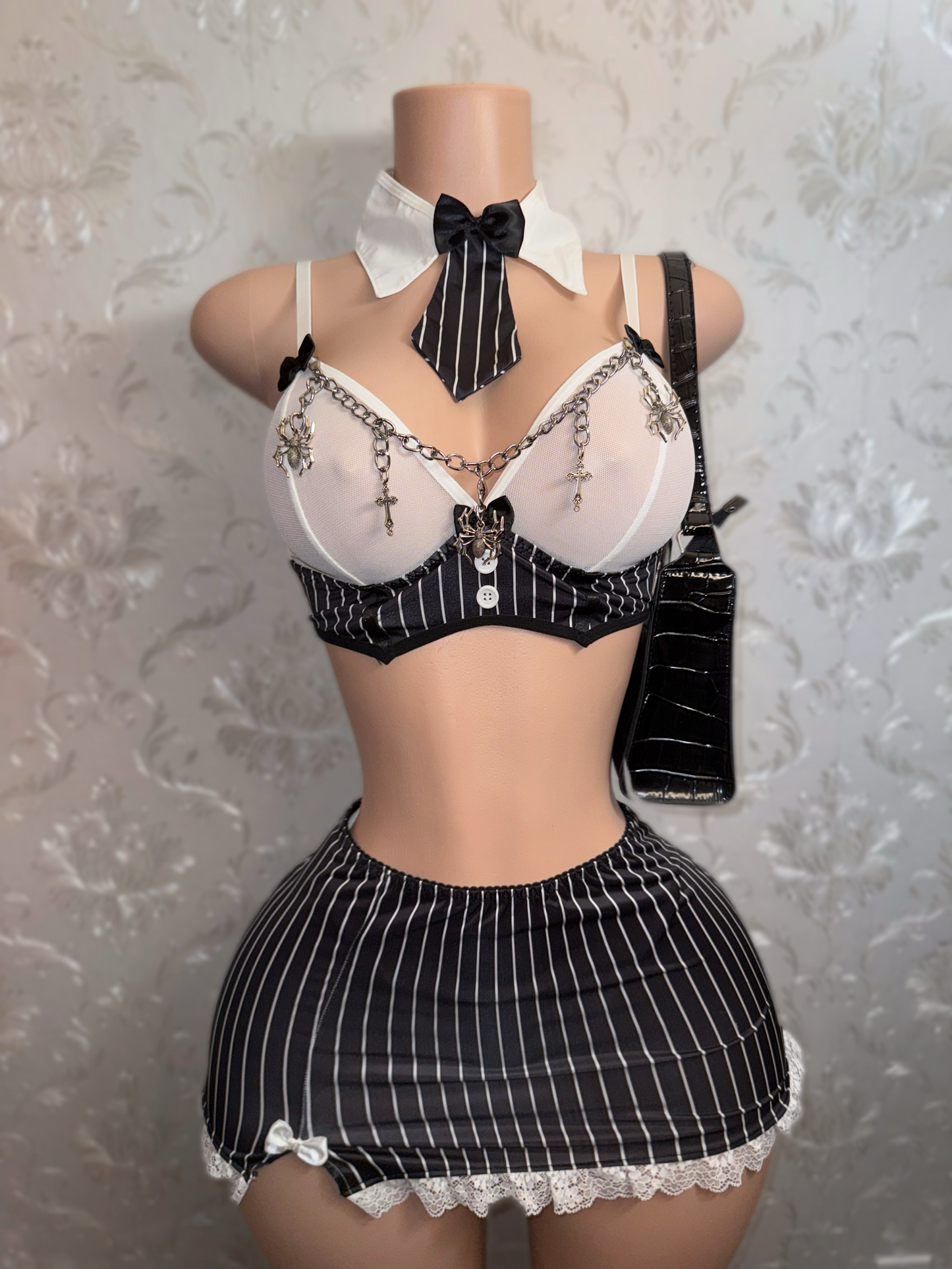 Wednesday Goth Girl 7 Piece Skirt Set Includes Chain and Bag
