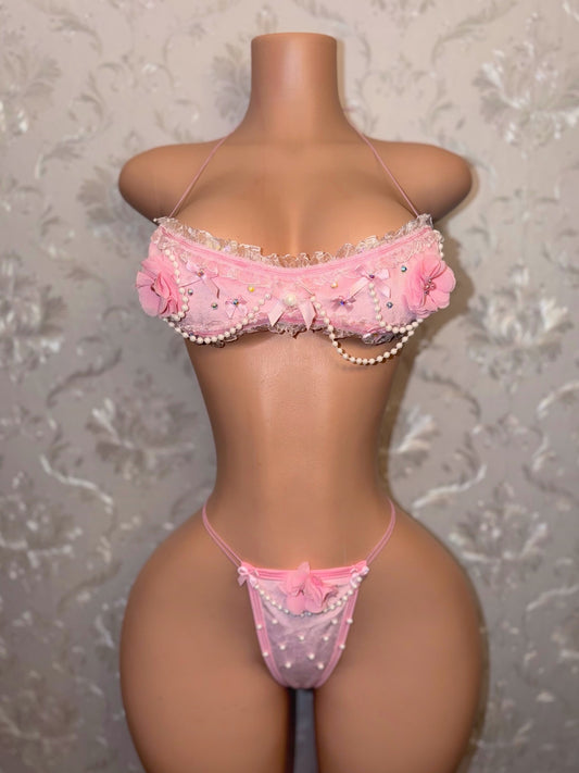 Paris Velour Ruffle Lace Trim Bandeau Bikini Set