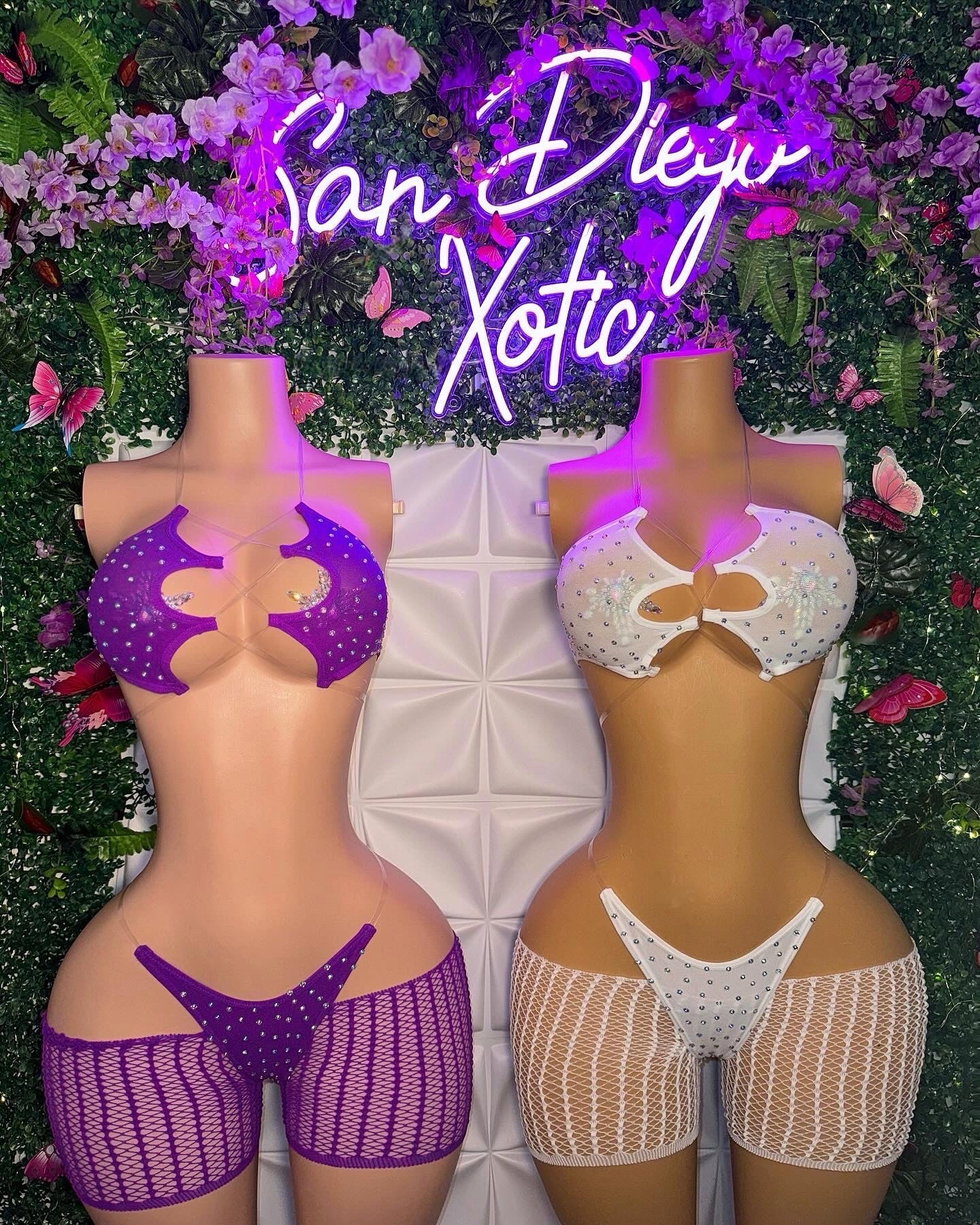 Riyah 3 Piece Set Rhinestone Mesh Kini with Cut-Off Fishnets Fits S-XL