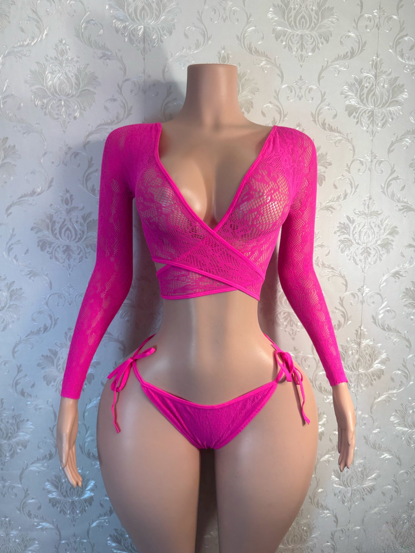 Venus Fishnet Criss Crossed Long Sleeve Top and Thong Fits XS-L