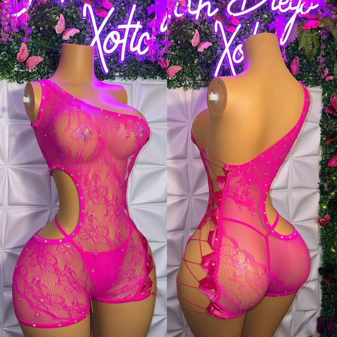 XTC Diamond Floral Lace Fishnet Romper Set with Thong Fits XS-L