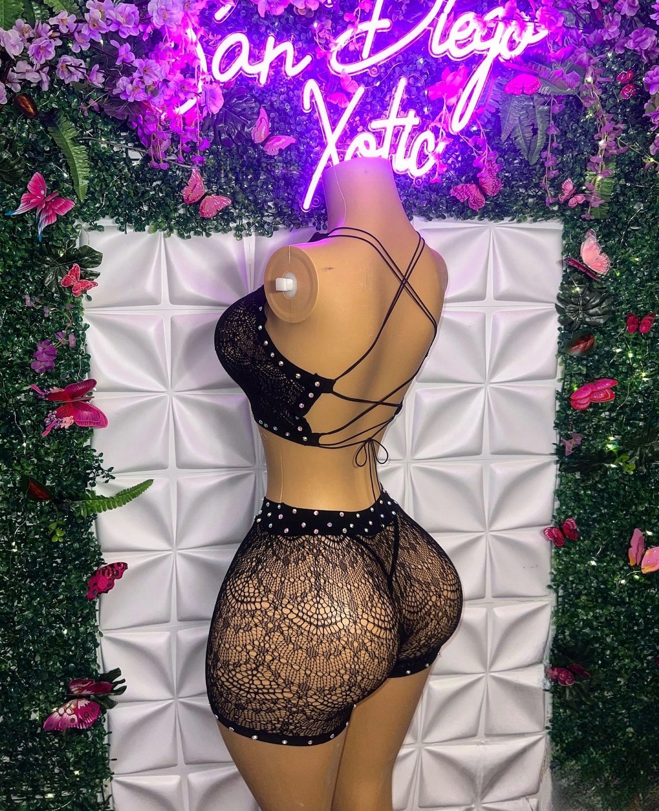 Showstopper 3 Piece Fishnet Shorts Matching Set with Thong Fits XS-L