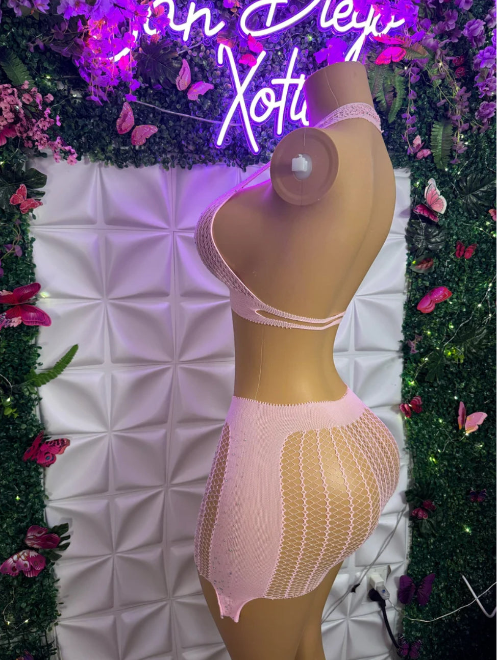 Kimmie — Glittery Fishnet Halter Top and Skirt Set Fits XS-M