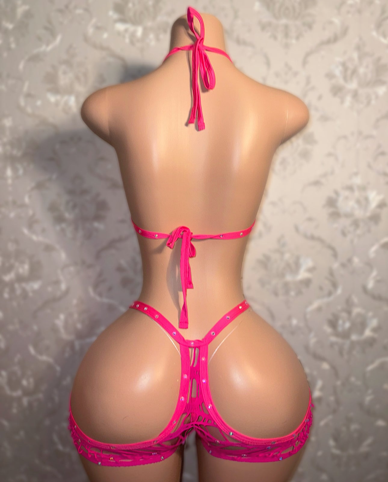 Desiree Rhinestone Fishnet Cut Out Hips Clasp Shorts Set