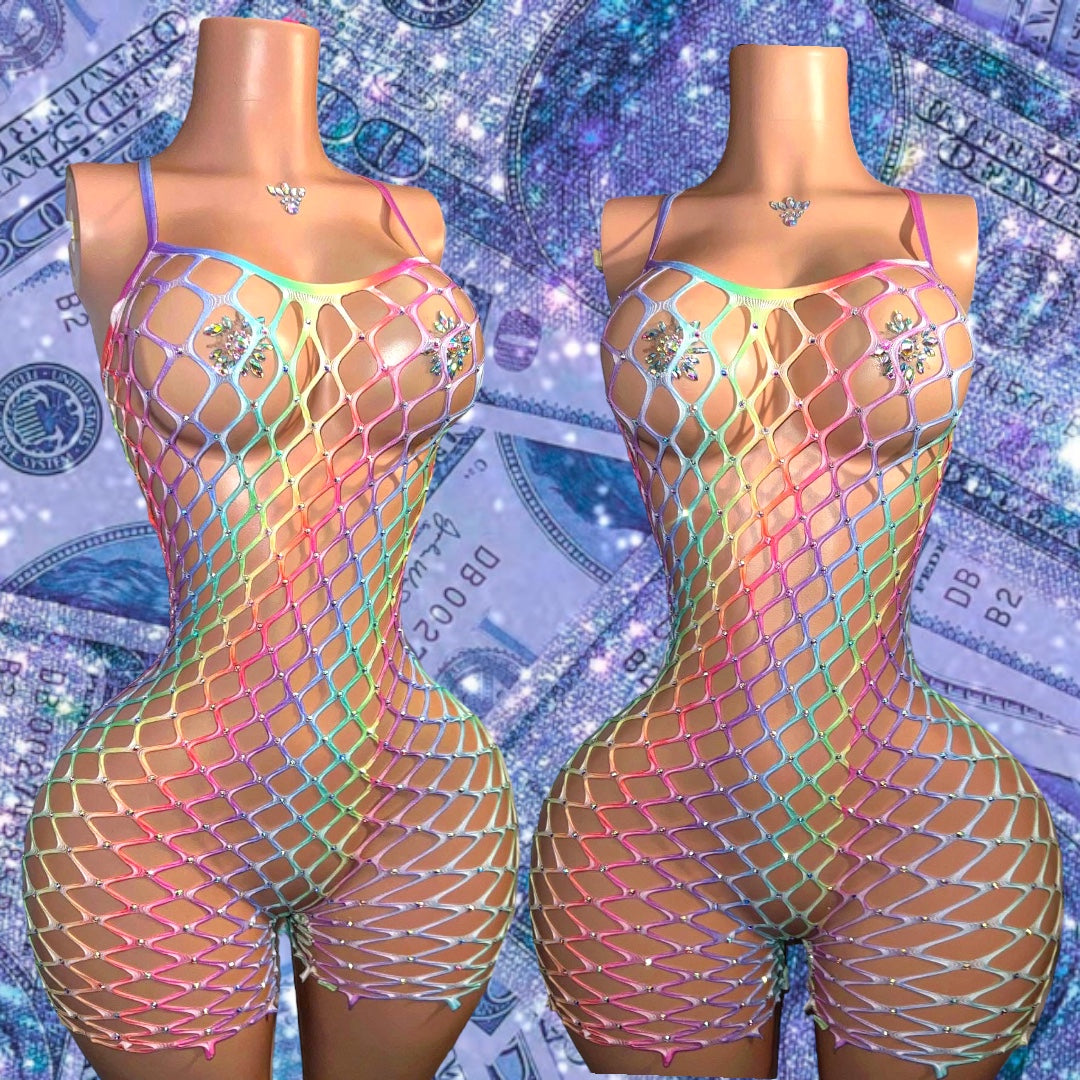 Kali Pastel Multicolor Fishnet Romper Fits XS-L, Dress Fits XS-XXL
