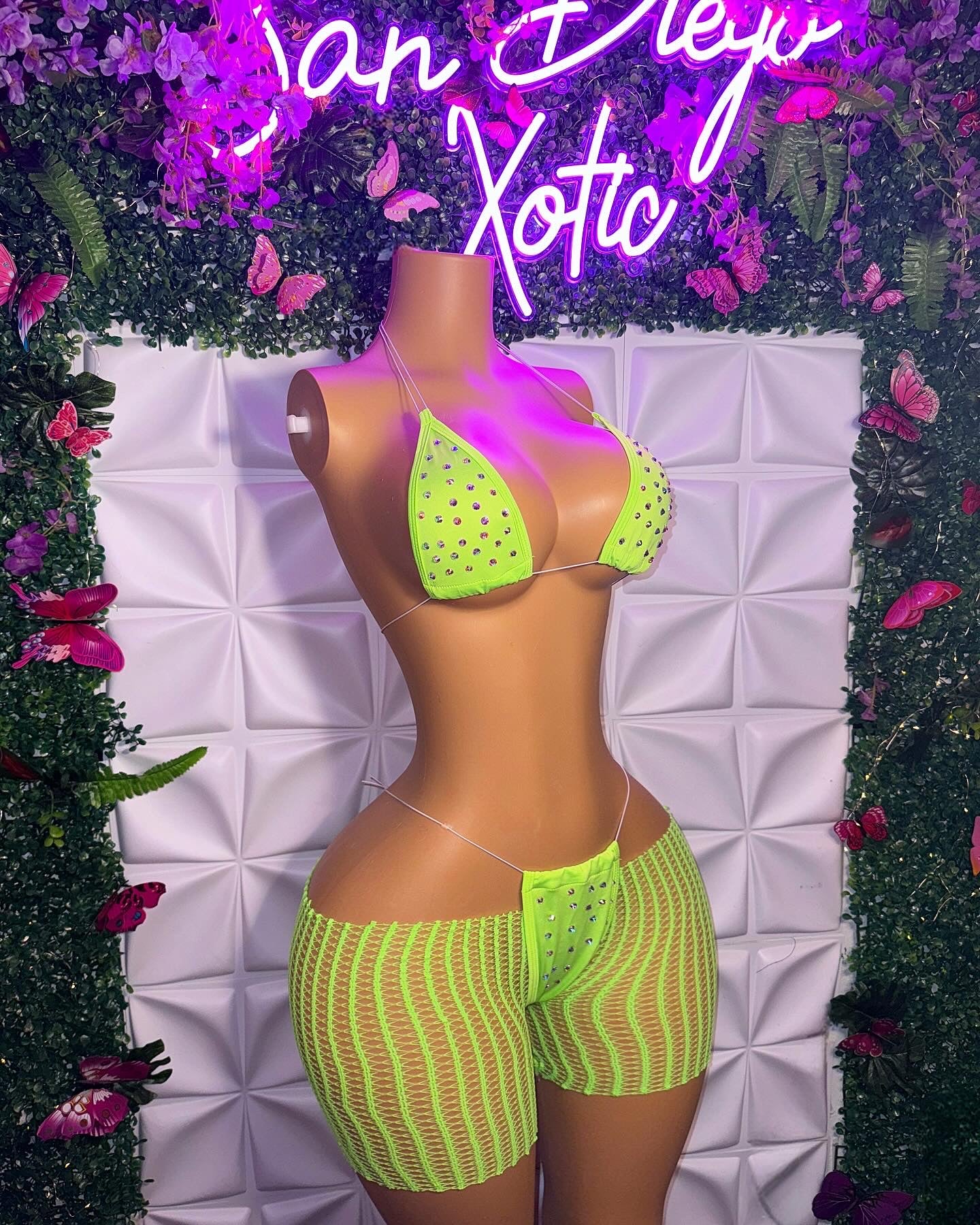 Chloe 3 Piece Bikini Set and Cut Off Fishnet Shorts with Rhinestones